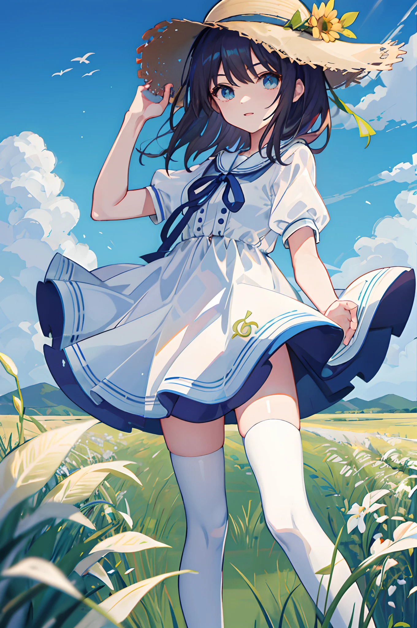 whaite hair,white stockings,a matural female,Rye field background,blue-white dress,Straw Hat Hat,style of anime