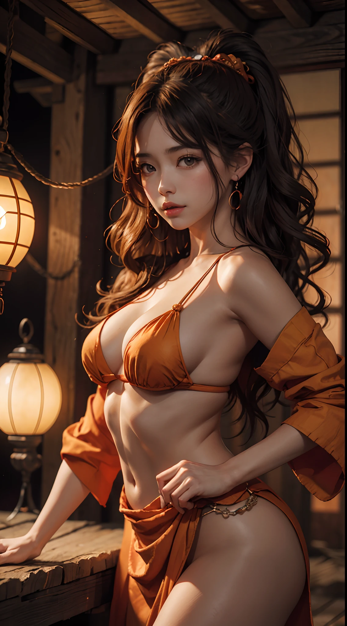 motor irreal:1.4,UHD,La mejor calidad:1.4, fotorrealista:1.4, textura de la piel:1.4, obra maestra:1.8, 1 Hermosa Chica, cuerpo completo, cuerpo sexy, Japanese-style clothing,orange minifalda,red Cabello largo, cintas en su cabello,Ancient Japanese village, atardecer, Luz amarilla de fondo, Fuego,style:1.4, fantasy, cabello flotante, Lloviendo,lluvia:1.4,hermosas manos finas,
