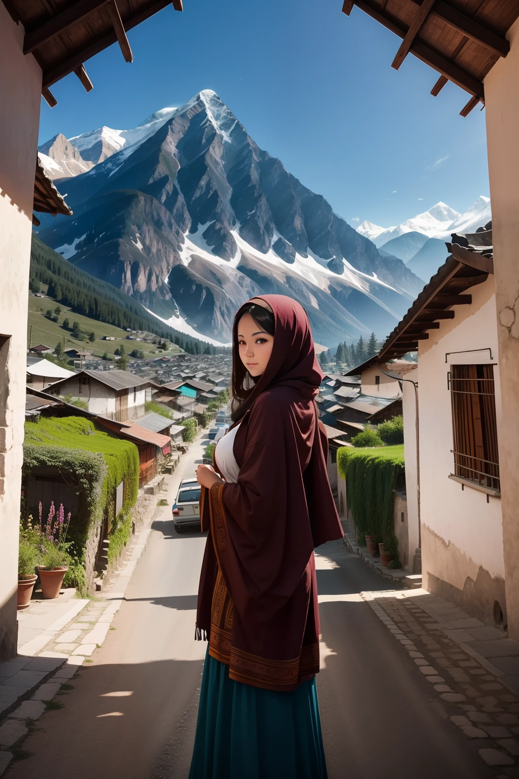 A veiled girl sits on a chair while enjoying the view against the mountains, background, nature, real reality ,Face focus, detail face,