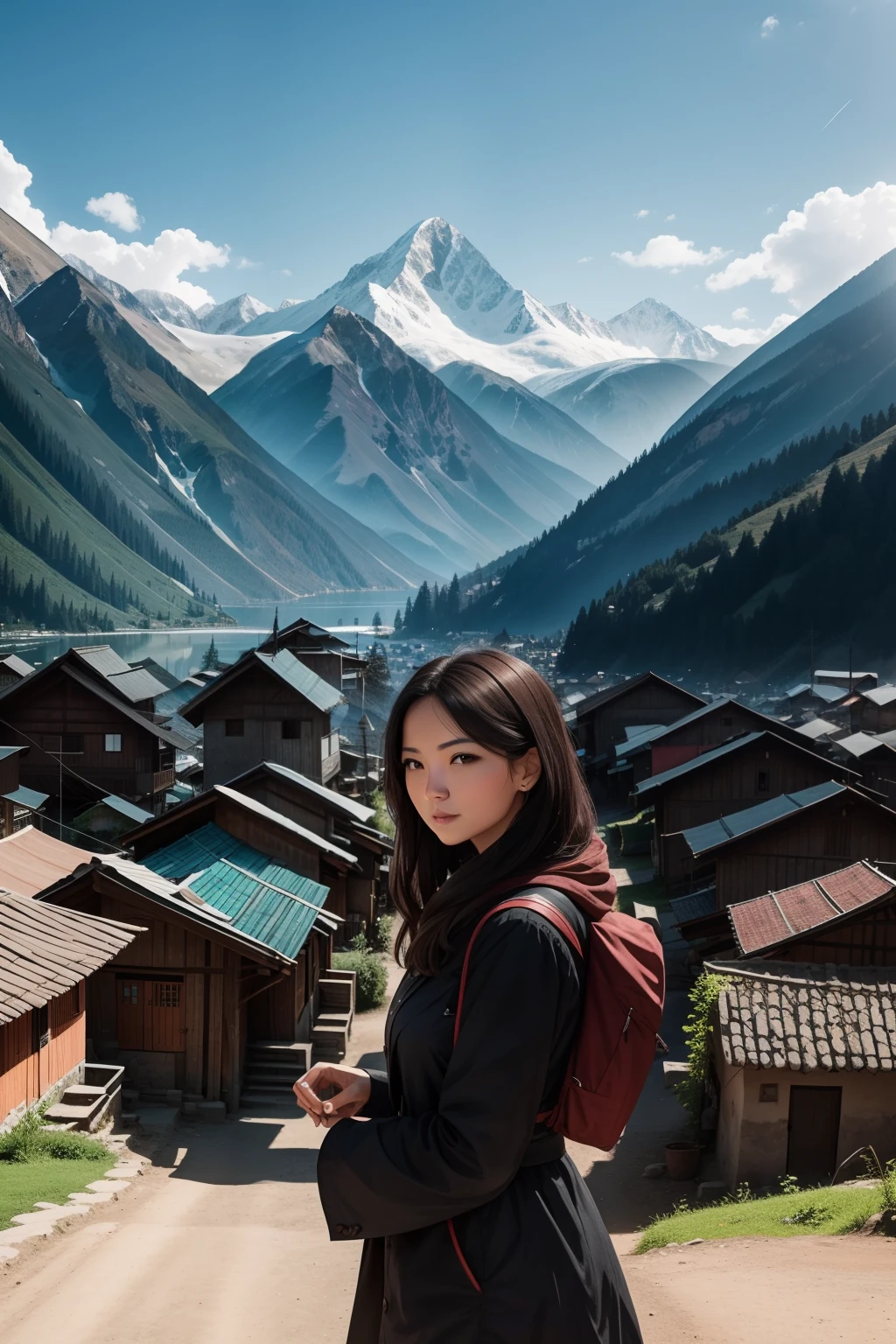 A beautiful woman in a centered of a village with mountain in distance --auto