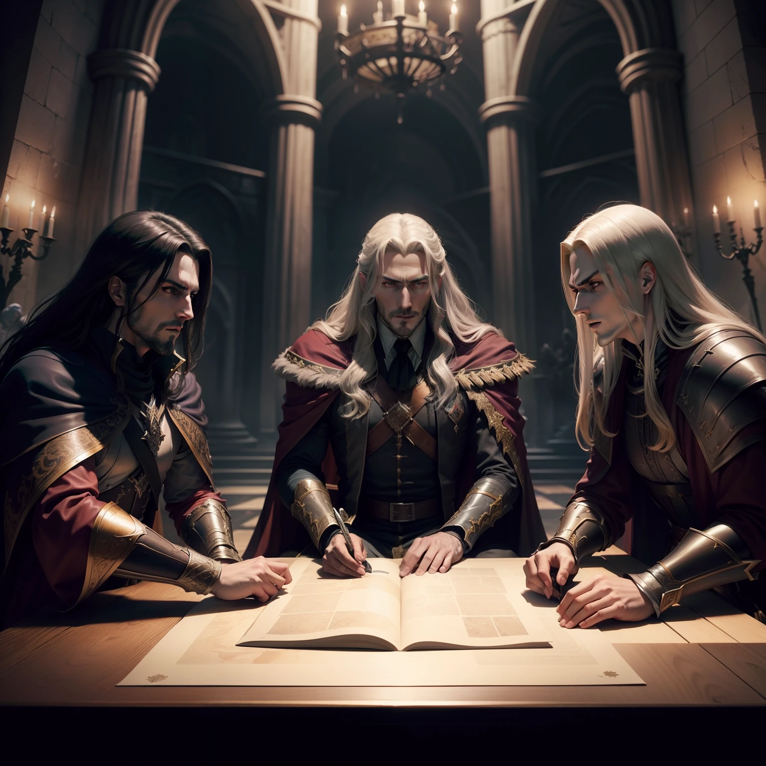 Castlevania Lord of Shadows Lord Dracula in the throne room with his great legendary soldiers looking in hyper realistic Super detailed Conquest Map Dynamic shot cinematic scene of the film