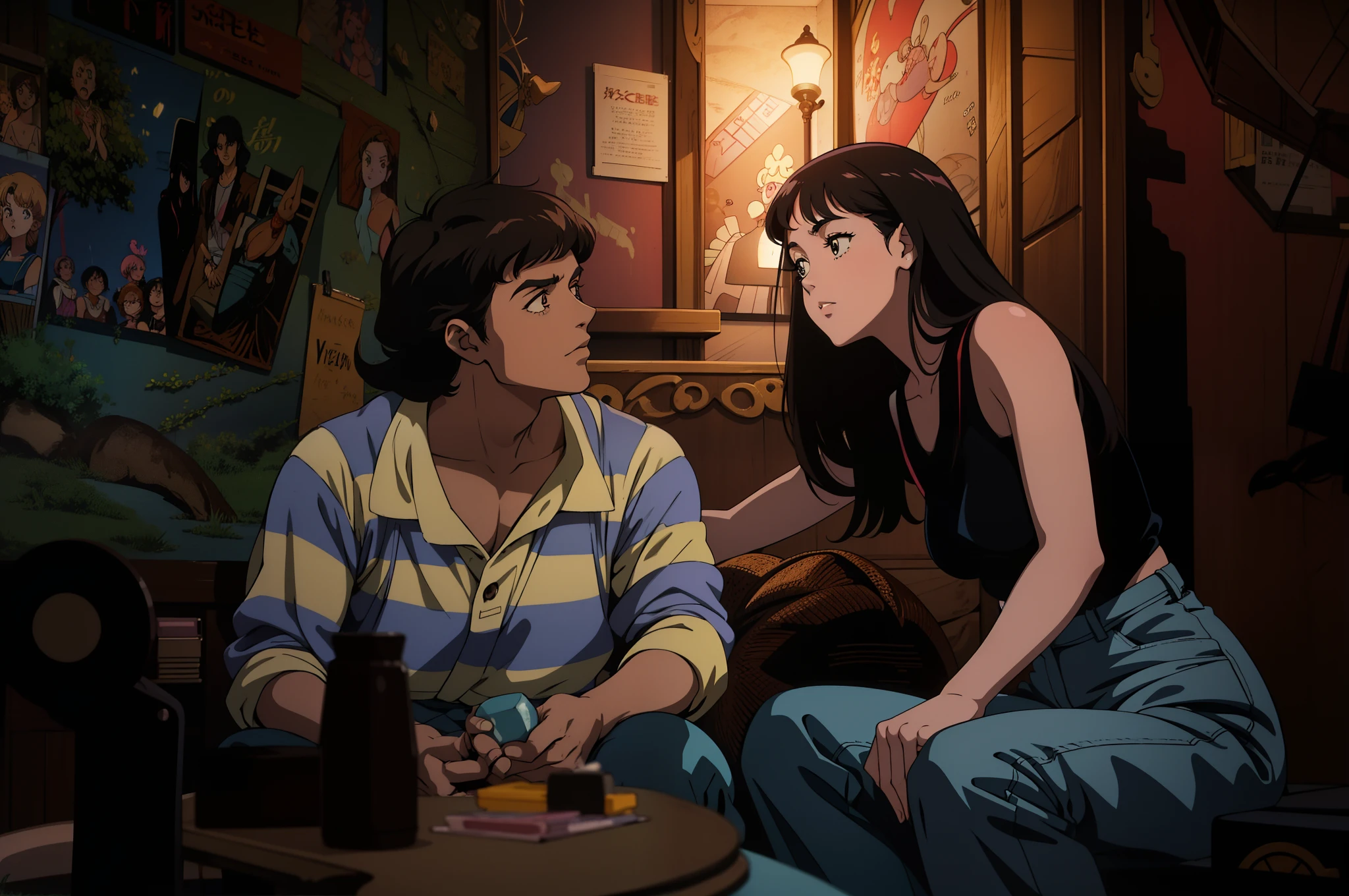 Anime scene, retro anime, 1980s, 1990s, retro aesthetics, couple sitting, guy on the left, girl on the right, cute, retro style, old anime, soft color, muted color