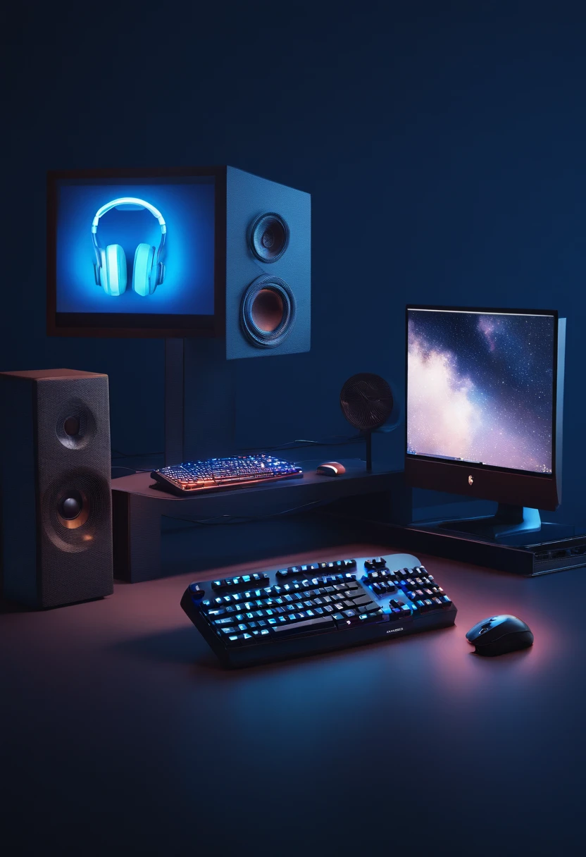 "Create an image with a dark blue background, highlighting a modern console controller on the left, a mouse and keyboard in the center, and a headphone on the right. Add some pixelated blocks scattered across the background."