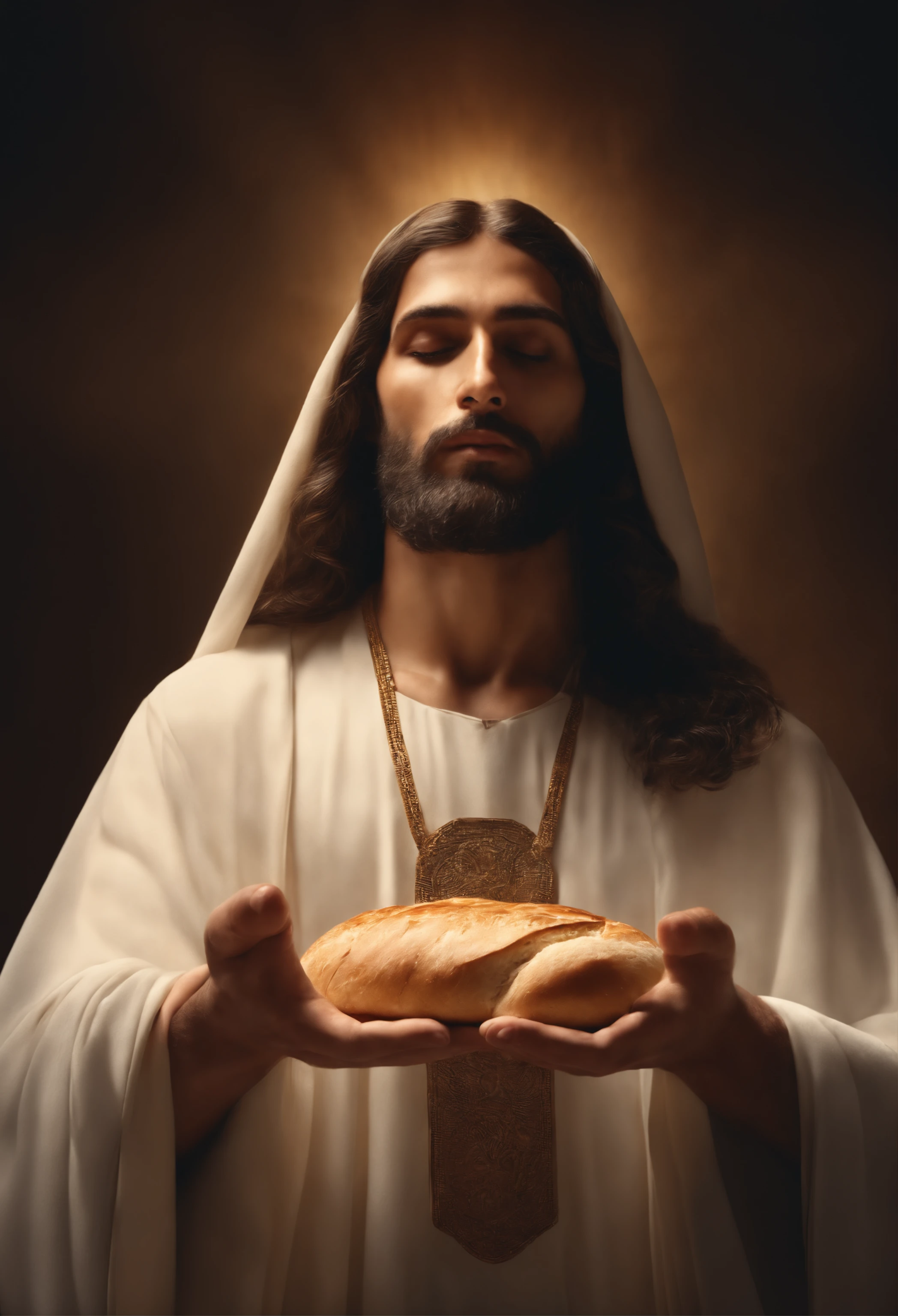 Jesus Christ's hands holding a piece of bread, elevated as if offering it up to God, cinematic,(best quality,4k,8k,highres,masterpiece:1.2),ultra-detailed,(realistic,photorealistic,photo-realistic:1.37),spiritual essence,sacred atmosphere,majestic lighting,ethereal feeling,great devotion,dramatic composition,dynamic perspective,holy moment,divine focus,vivid colors,detailed textures,masterful craftsmanship,detailed facial features,powerful symbolism,sacred symbol,sublime radiance,great significance,transcendent aura,solemnity,hallowed presence,supreme salvation,sacramental offering,symbol of communion,religious veneration,cinematic lighting,profound faith,dignified representation,cinematic atmosphere,heavenly glory,moment of reverence,mystical encounter,holy sacrifice,spiritual journey,divine inspiration,universal hope,cinematic beauty,mesmerizing narrative,celestial divinity.