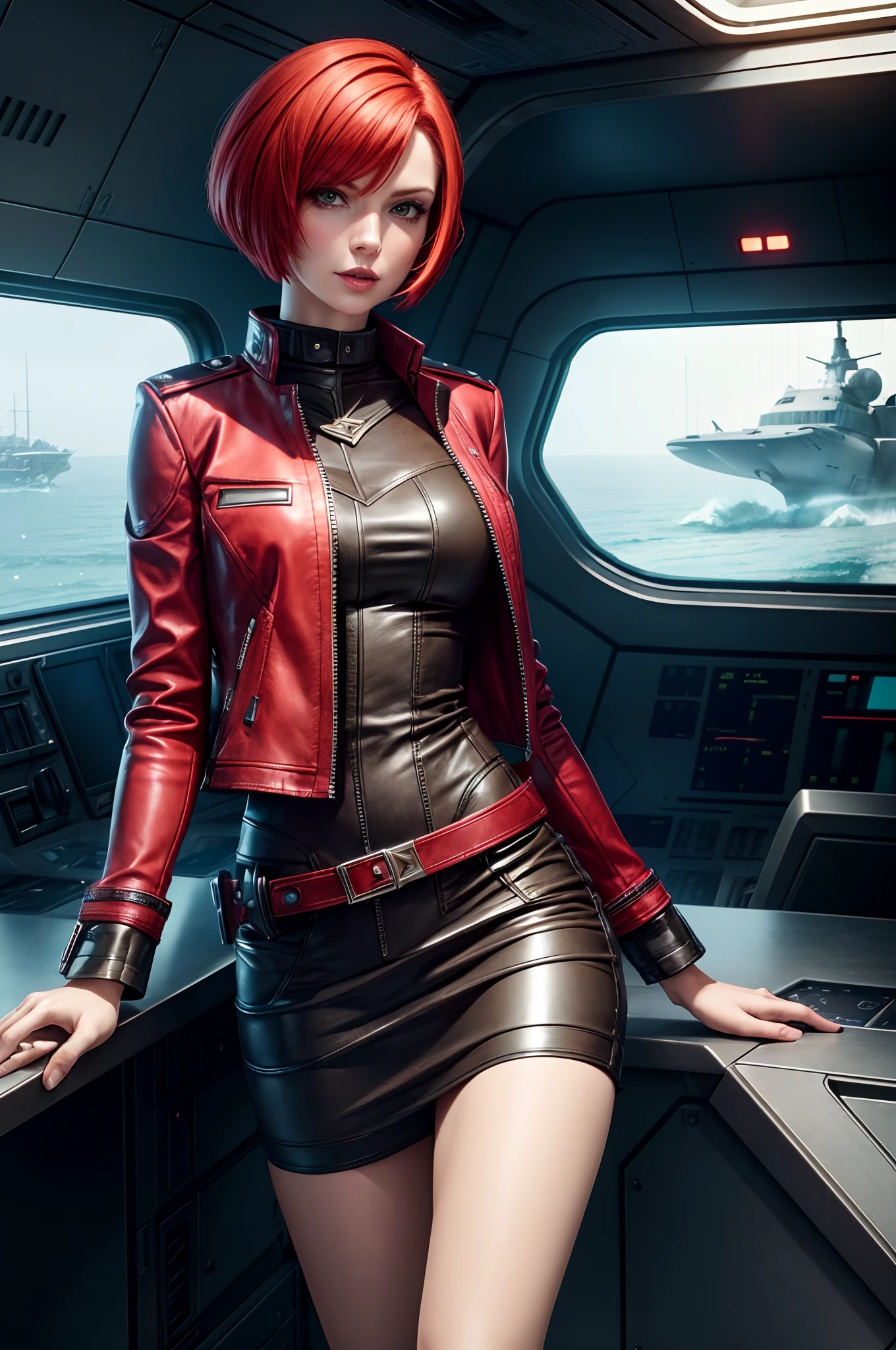 red bob cut, beautiful woman, starship captain, short jacket, cowboy shot, flirty, military bearing, standing, pirate, on a starship bridge, leather