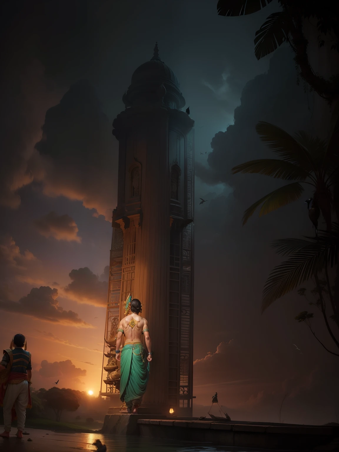 Change background, vrundavan theme, birds, cows, peacock, jungle, make this boy as a lord vishnu realistic