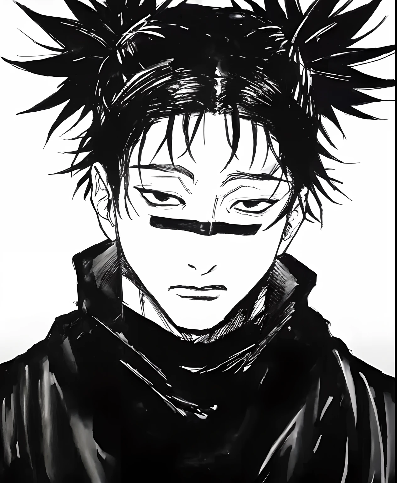 a drawing of a man with a mohawk and a black and white background, kentaro miura manga art style, kentaro miura manga style, handsome guy in demon slayer art, joker looks like naruto, manga style of kentaro miura, joker as naruto, akatsuki akira, tetsuo from akira, trigger anime artstyle, demon slayer rui fanart