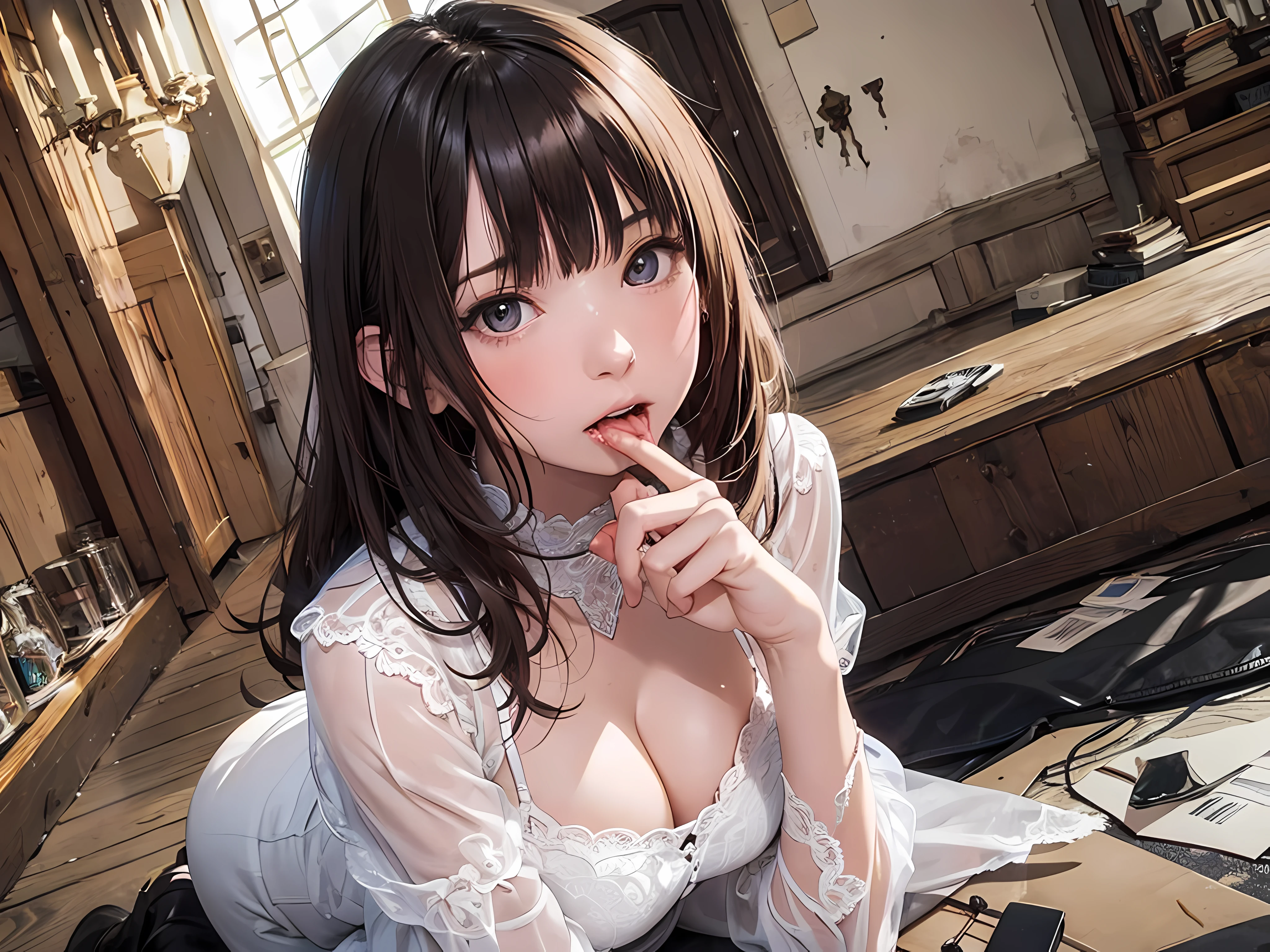 (1girl:1.3), cinematic light, (masterpiece, top quality, best quality, official art, beautiful and aesthetic:1.3), extreme detailed,highest detailed,(ultra-detailed),((an extremely delicate and beautiful)), ((Crouch down)), (dark night), ((in the room old apartment)), from above, solo, breasts, silky long hair, (brown hair), Casual clothes, white Lace inner, open breast, 26 years old, unsteady gaze, anxious, embarrassed, (looking up:1.4) ,((licking gesture)),