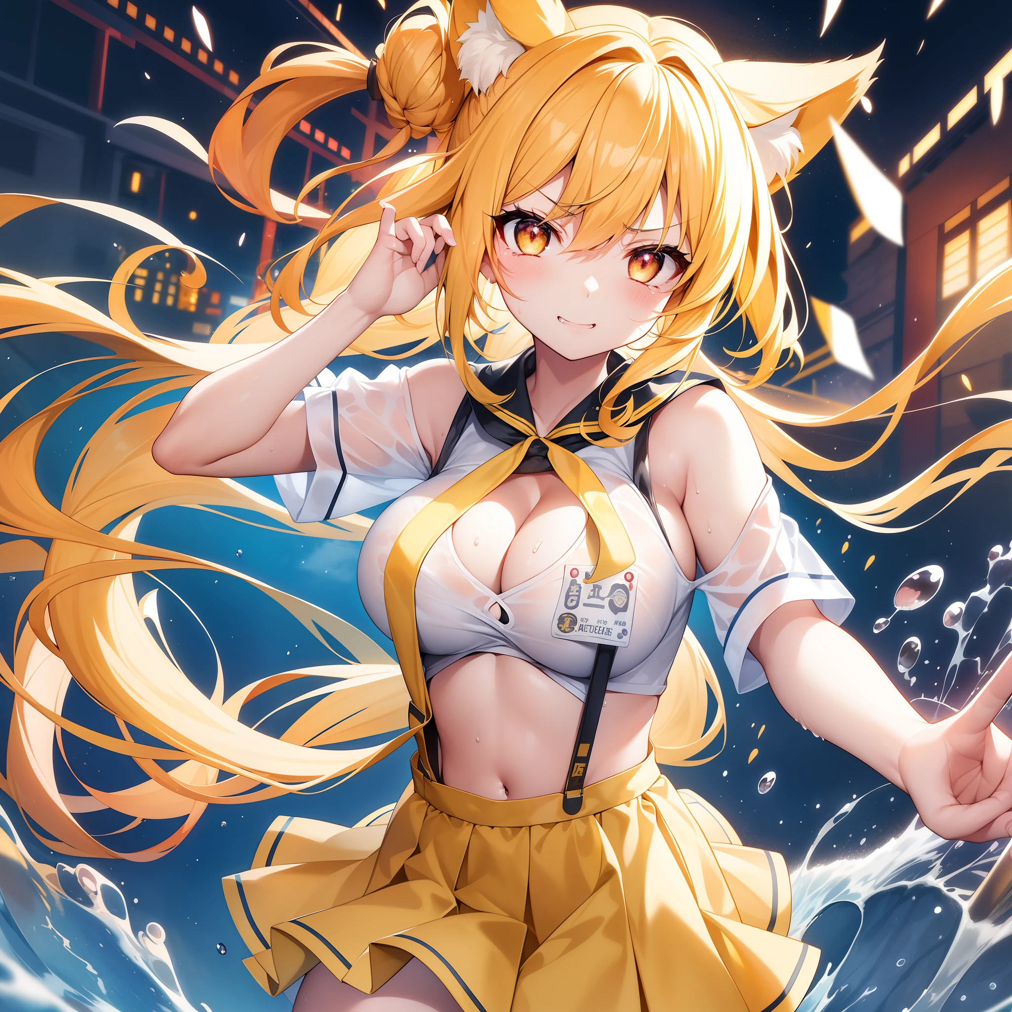 Complex immersion wet,Hair color is yellow, Bun, Twin-tailed,Cat's ears、School system,Complex combat ship in high resolution(Keisan:1.5), close up, masutepiece,Convoluted, Best Quality, Original photo, Unreal, Cat's ears, ???????????, ?????? cleavage exposed, High school girl school uniform, Incredibly ridiculous, Beautiful girl with wet whole body, Cute, angry,涎、crybaby、Smile,sanpaku,Bright yellow bun twin tail hair, Short suspenders, depth of fields, High resolution, Hyper-detailing, Fine detail, Very detailed, Very detailed eyes and face, Sharp pupils, Realistic pupils, Sharp Focus, Cinematic lighting,