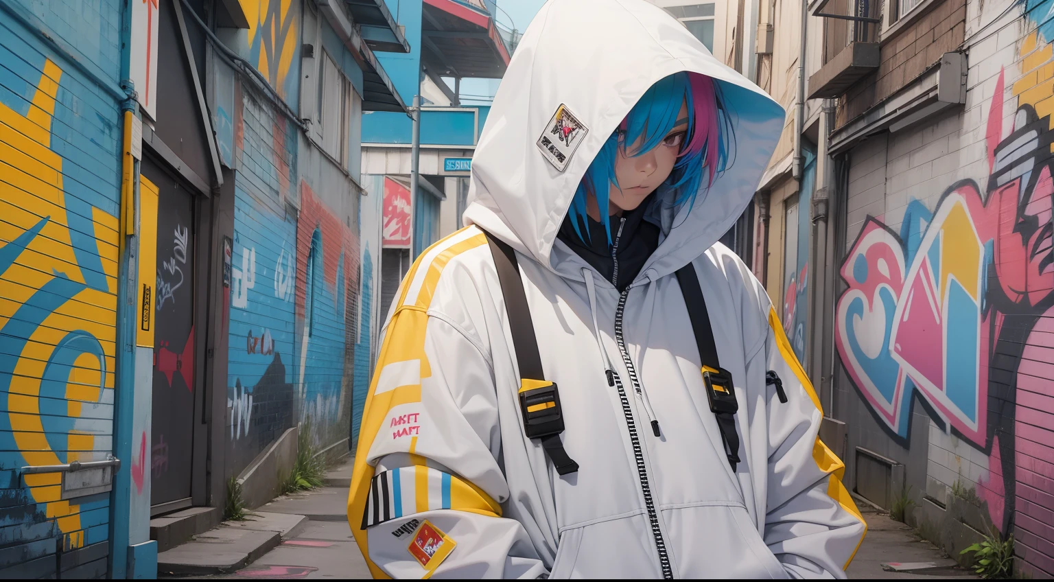 boy in white jacket with hoodie on, hip-hop style, colorful graffiti background, full body shot