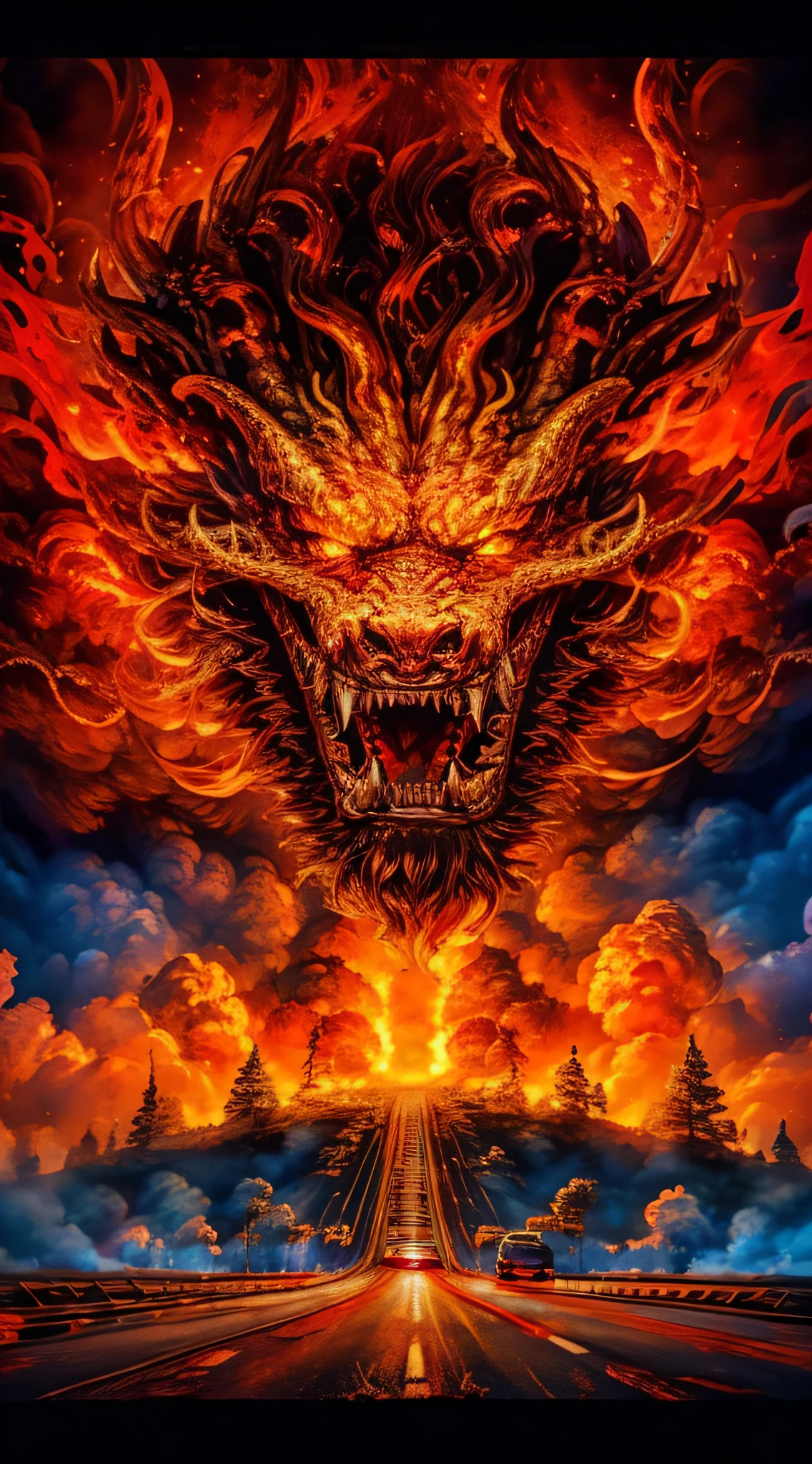 highway to hell, fire everywhere around, people are screaming, 4k, ultra HD, realistic