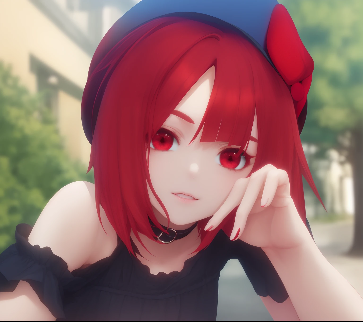 Do cute poses, Red hair color and short bob hair, Cute One Girl, Wearing a dark blue hat, Red Eyes