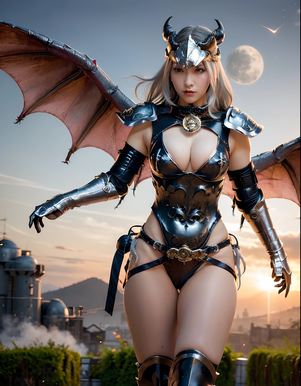 Professional , ​masterpiece、top-quality、photos realistic , depth of fields 、（Dragon Black Metal Body:1.９),(Enamel Black、（cleavage of the breast）、Mystical expression、（fullmoon：1.2）、（shooting stars：0.9）、（nebulas：1.3）、Dragon Gold Weapon、（Silver Micro Bikini Armor:1.４),Gorgeous gold weapons ,Particles of light、（（ Dragon's dense and gorgeous sword）） , （demonic wings）、（（a blond））、（Castle background）、（（Gangle's forest background））、（（Fight dragons））、Beautiful Caucasian beauty、１a person、dynamic ungle,(((Detailed and ornate dragon helmet)))、Smaller head、A smile、Castle background、Thin and beautiful female hands、cleavage of the breast、Soldier in iron armor on background、Mystical expression、Light Effects、intense fighting、Wind-effect、magic circles、With the legendary magic wand、Dragon's tail、explosions、Anatomically correct body、