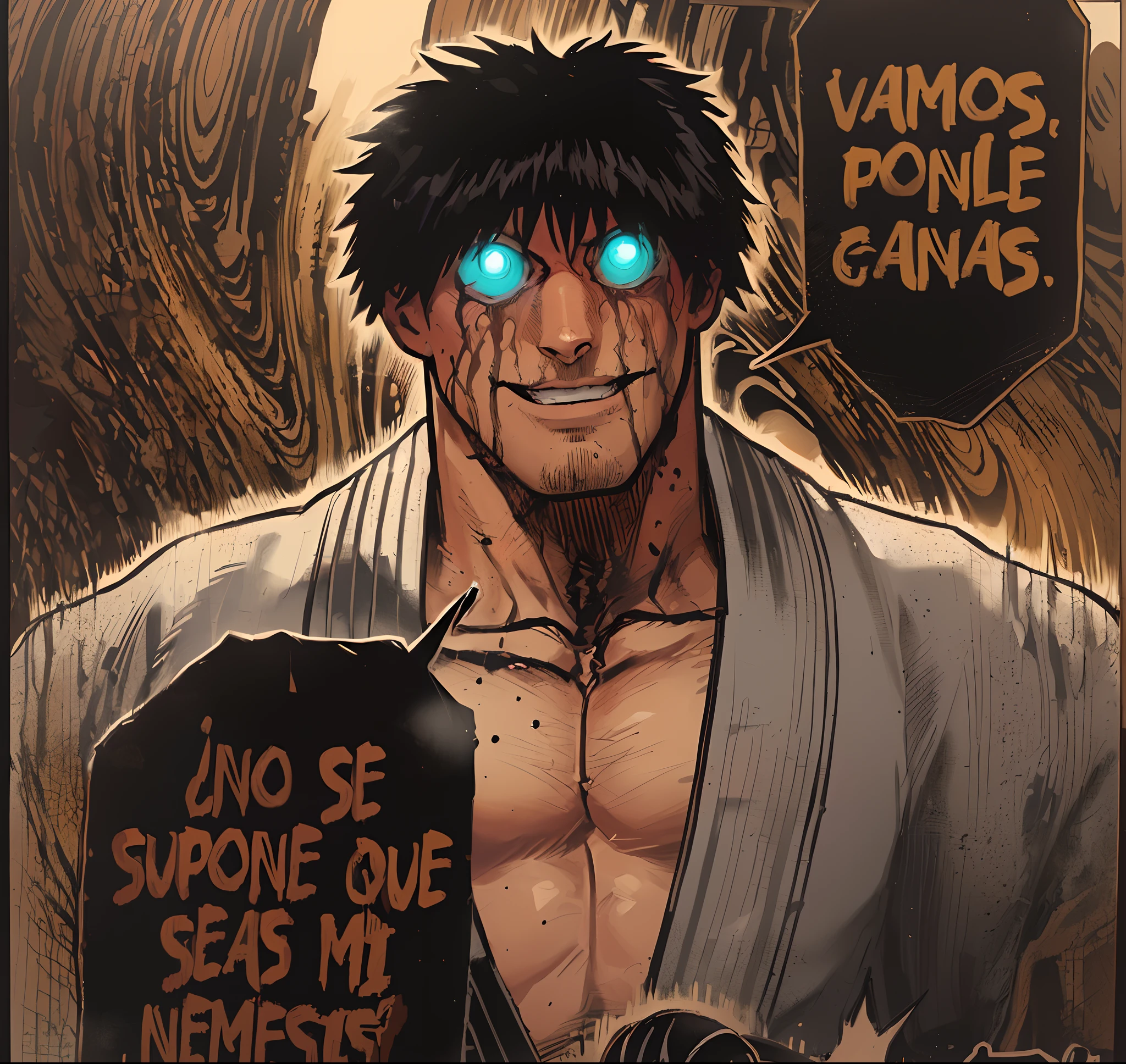Joven musculoso en guardia para pelear, desnudo, fondo aura luminosa y oscuridad