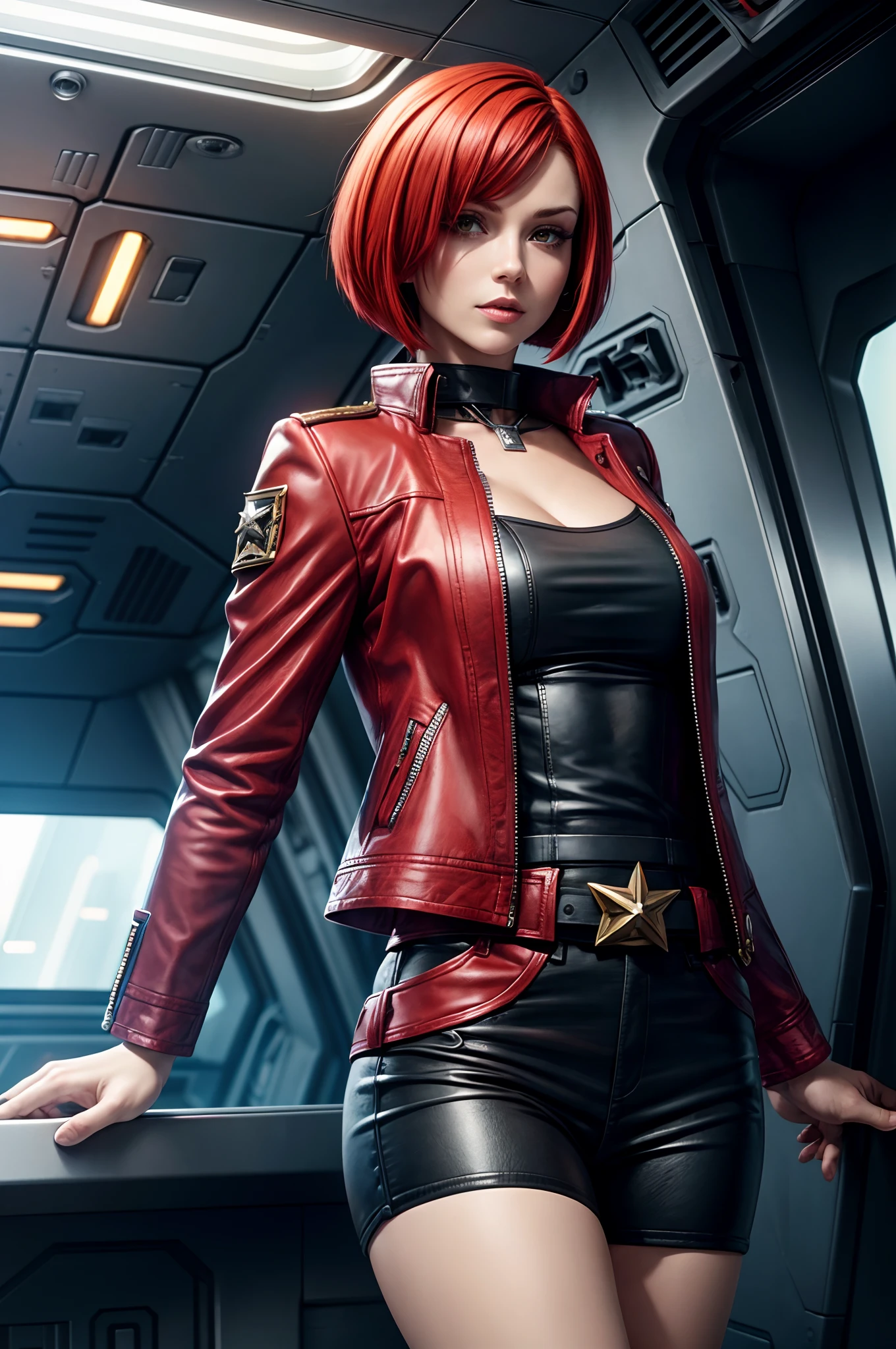 red bob cut, beautiful woman, starship captain, short jacket, cowboy shot, flirty, military bearing, standing, pirate, on a starship bridge, leather