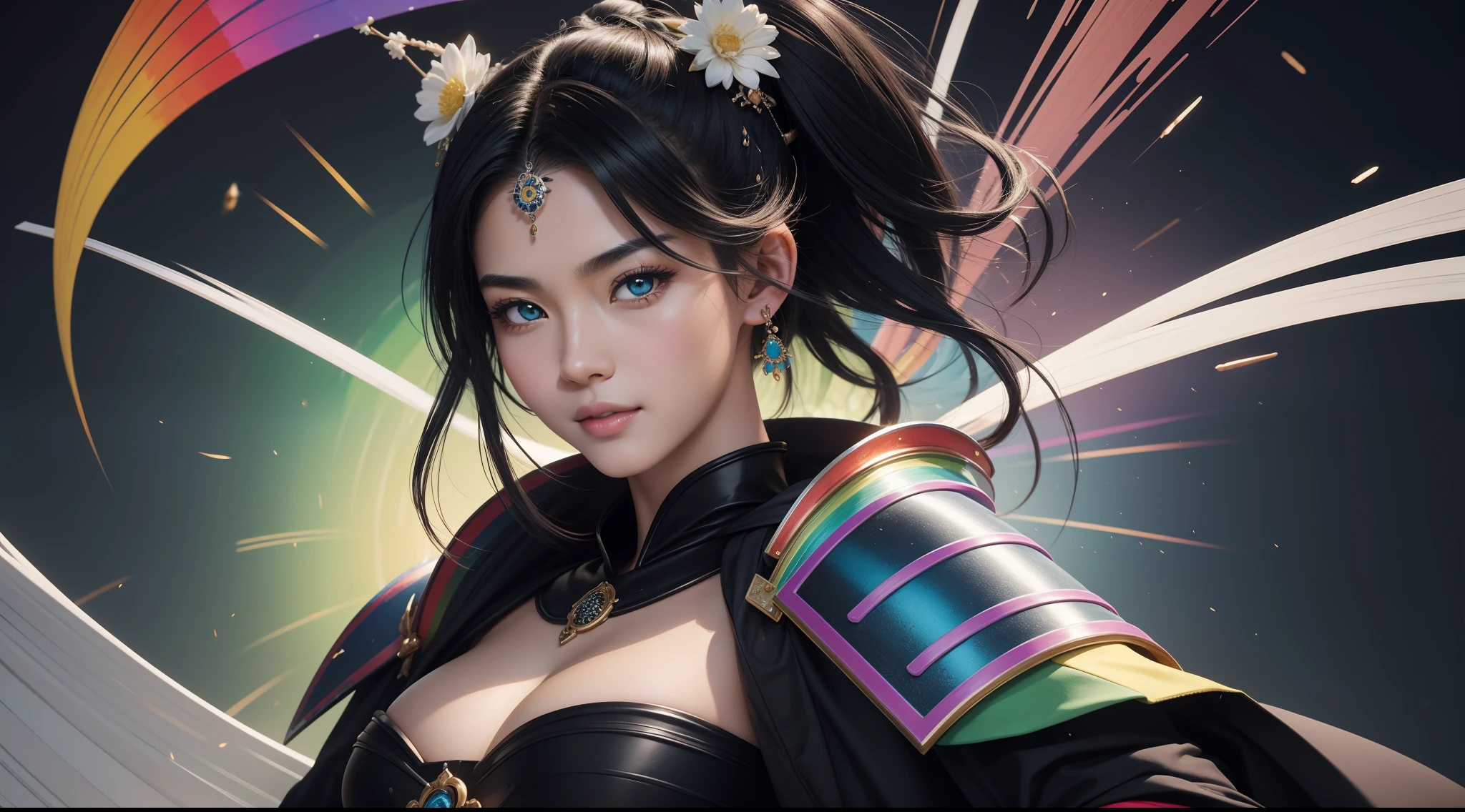 "20 years old cheerful Fubuki is a real masterpiece with feminine beauty, solo, perfect anatomy. Olpntng style, colorful rainbow, black samurai outfit, clean design, epic Instagram, artstation, full full of color paint streaks, circles, contours When you look at her Beautiful eyes you will clearly see every little detail and perfect lines, every detail on the skin is beautiful in 8K quality. Mesmerized by the confidence that radiates from every glance. His head has black hair and his face has been meticulously painted in every detail with 8K image quality."