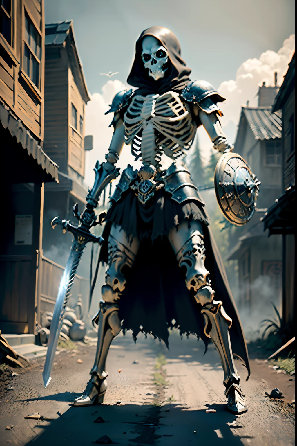 stunning cool with intricate details, (dark fantasy of skeleton:1.5), (skeleton warrior:1.5), (acid wash breakable armor:1.5), (holding sinister sword and round shield:1.5), (dirty leather boots:1.3), stylish pose fusion horror, dark fantasy, (full body shot:1.4), glowing smoke azure eyes, associated illustration, highest resolution, atmosphere of hell, detail hell background, detailed luxurious armor and cloak, intricately detailed pencil drawing, intricately detailed painting, intricately detailed crayon coloring, intricately detailed digital coloring, full colored, dark palette, super fine detailed bone, super fine detailed texture, super fine detailed detail, radiosity, ultra quality, professional art work, malicious, withered street trees, terrible aura, death core, Very bold colors, be seen dimly, (details that create a sense of dark fantasy:1.2), (aerosol paint:1.5), (death core:1.5),