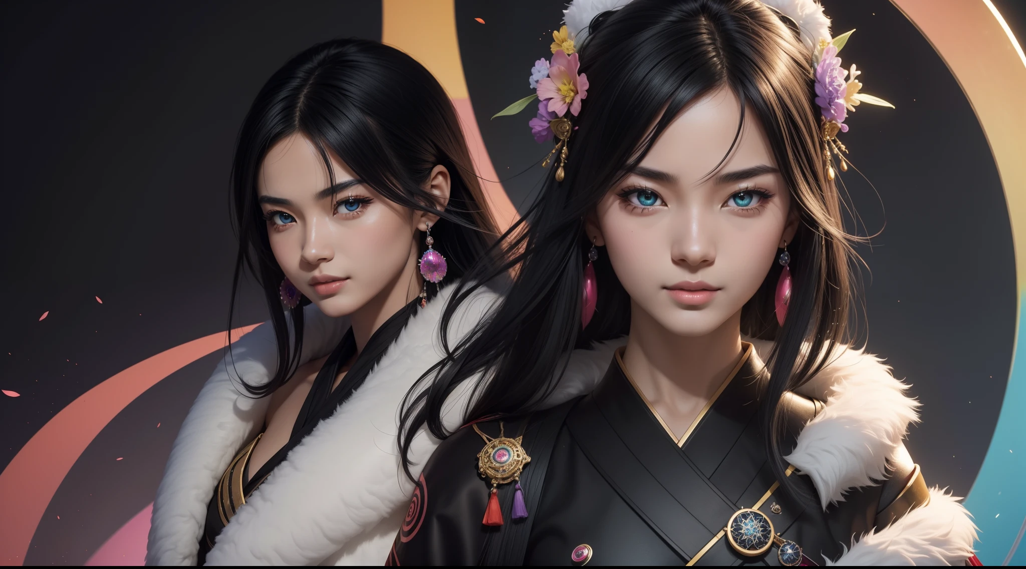 "20 years old cheerful Fubuki is a real masterpiece with feminine beauty, solo, perfect anatomy. Olpntng style, colorful rainbow, black samurai outfit, clean design, epic Instagram, artstation, full full of color paint streaks, circles, contours When you look at her Beautiful eyes you will clearly see every little detail and perfect lines, every detail on the skin is beautiful in 8K quality. Mesmerized by the confidence that radiates from every glance. His head has black hair and his face has been meticulously painted in every detail with 8K image quality."