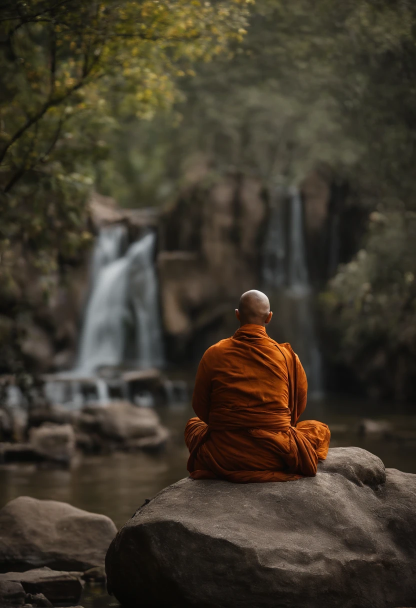 A monk sits on a large rock，（Pray in a lotus pose），Buddhist monk meditation, Zen meditation,Brown robe，(rear view)，Great light，8k，buddhism，beautiful image