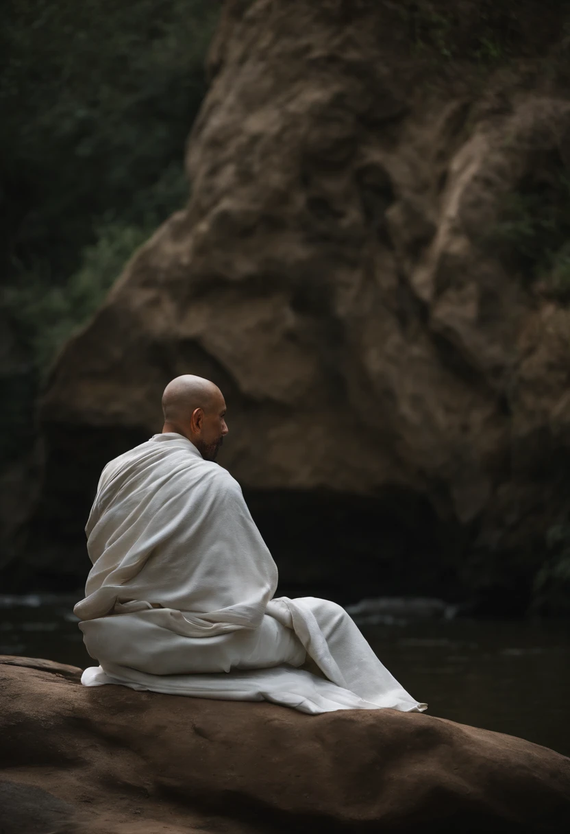A monk sits on a large rock,(Pray in a lotus pose),Buddhist monk meditation, Zen meditation,Brown robe,(rear view),Great light,8k,buddhism,beautiful image