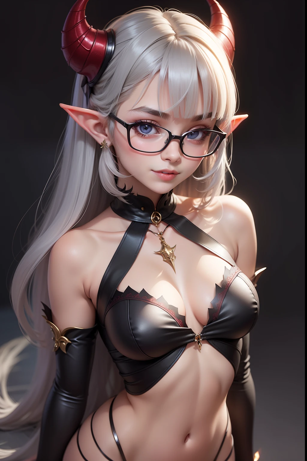 1 cute elf girl (18yo) glasses, upper body, slim waist, natural small breast, sexy pose, seductive expression, bangs, random hairstyle, cleavage, navel, collar, collarbone, off shoulder, seductive smile, wear intricately detail hot and sexy outfit, demon costume, black and glowing red color, wear unique helmet, random light color, upper body. flat gray color for background
