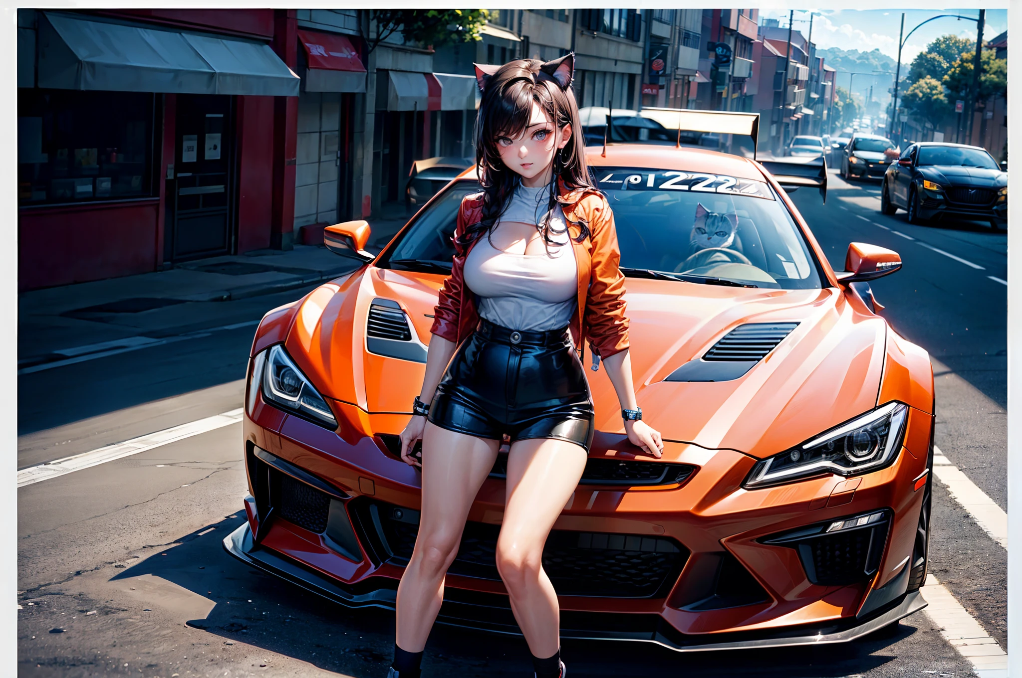 melhor qualidade, obra-prima, ((HD Full HD 2K 4K)), ((bishoujo)), ((fox girl)), ((short clothes)), ((full body view)), ((street racing car in the background)), ((full vehicle view)), (((fully detailed)))