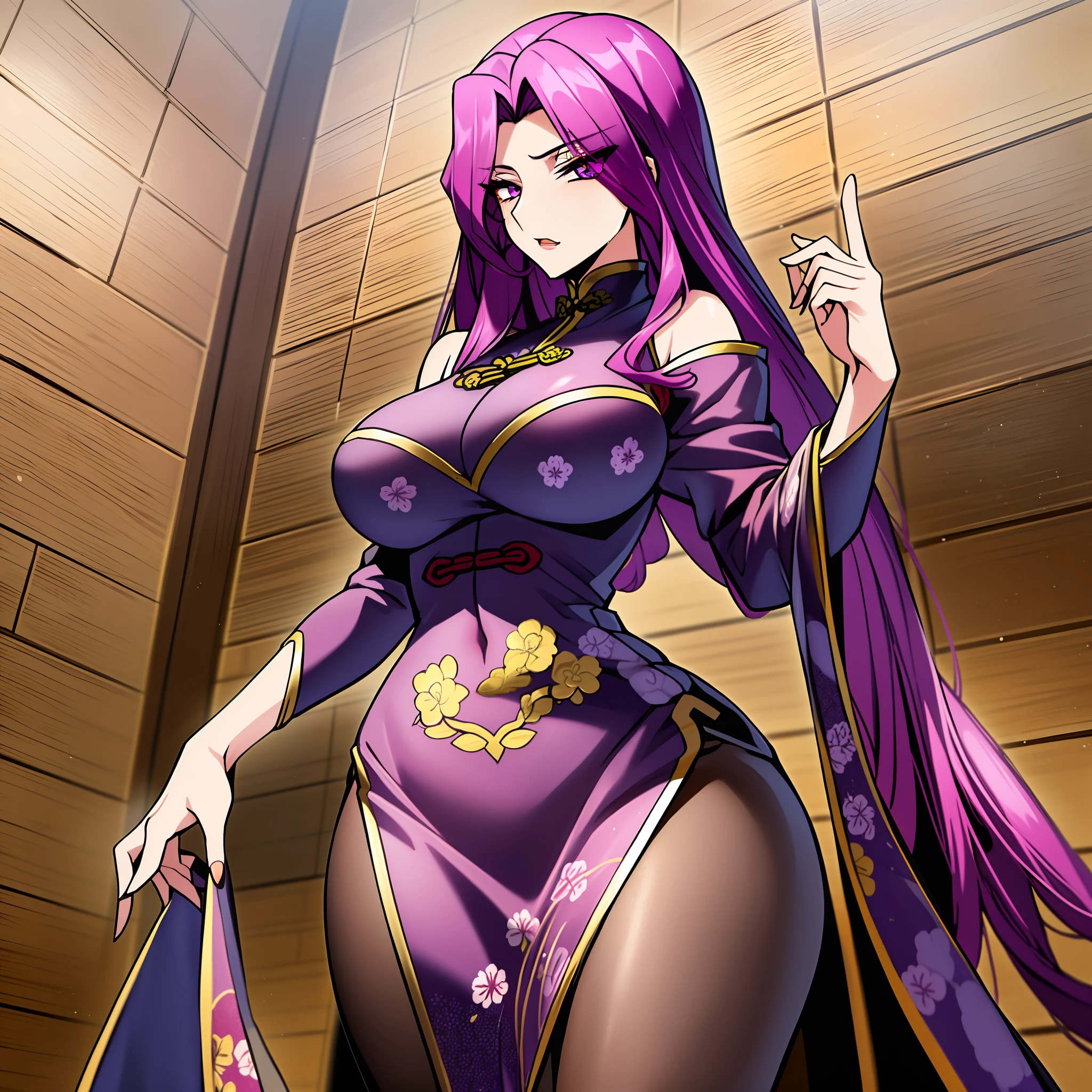 Cornelia_plum_Britannia, Huge breasts, Solo, masutepiece, Best Quality, Detailed face, Detailed eyes, hight resolution,((コック痴女))finerly detailed face, long eyeslashes,Curvaceous,(perfect leg、perfect hand、Perfect whole body、qipao dress)