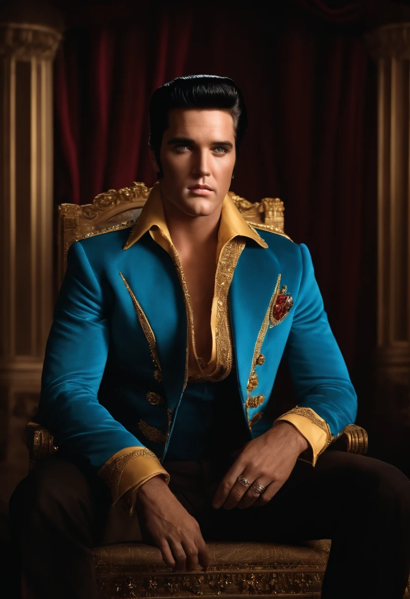 Elvis Presley in a blue jacket sitting on a throne as king with his head held high looking forward, Garoto mau, Elvis Presley Estiloso, detalhes de roupas, Textura 8K, 8k, detalhes insanos, detalhes complexos, hiperdetalhados altamente detalhados, Realista, soft  Cinematic Light, HDR, foco nítido, ((((cinematic visual)))), intrincado, elegante, altamente detalhado