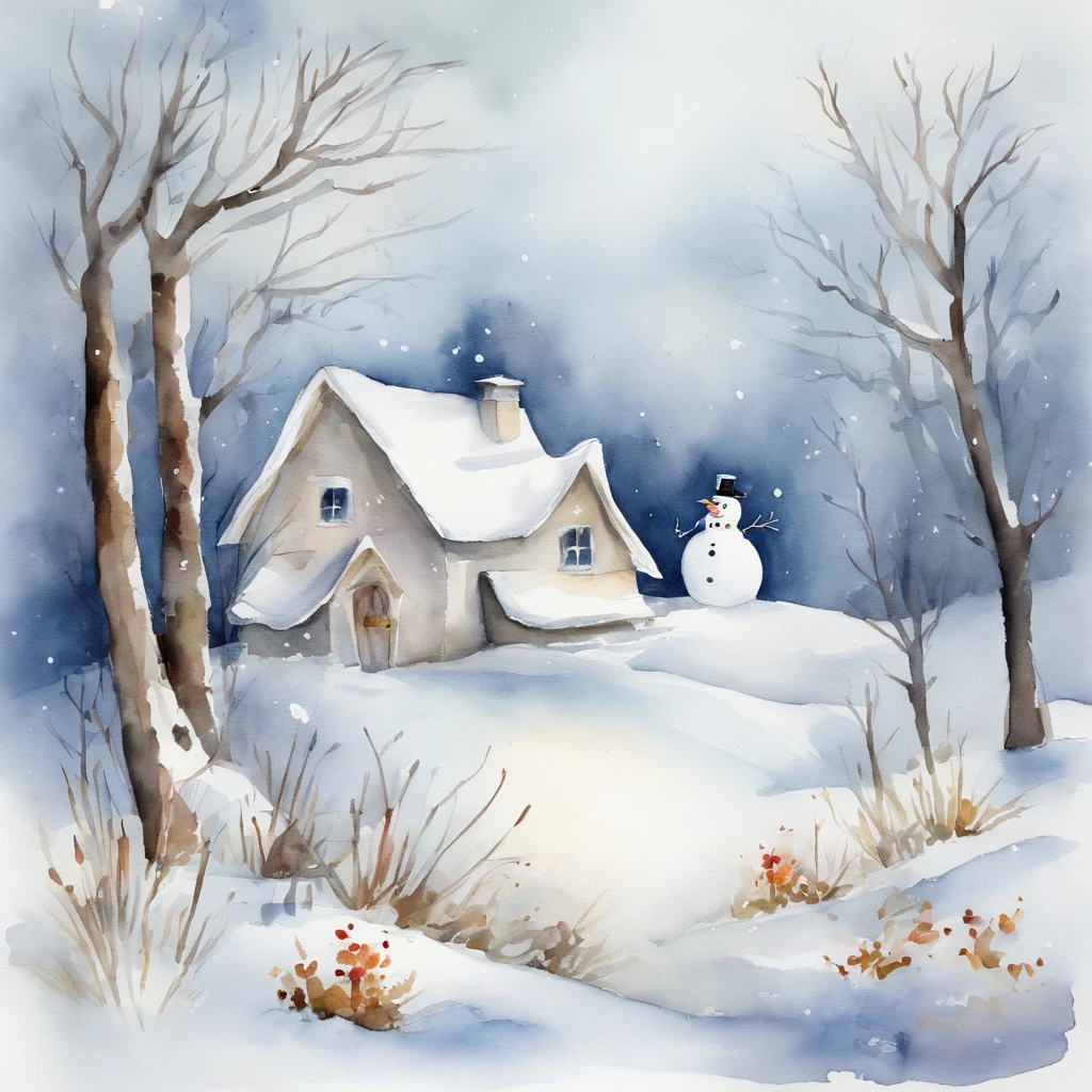 Watercolor winter illustration.Watercolor cute snowman