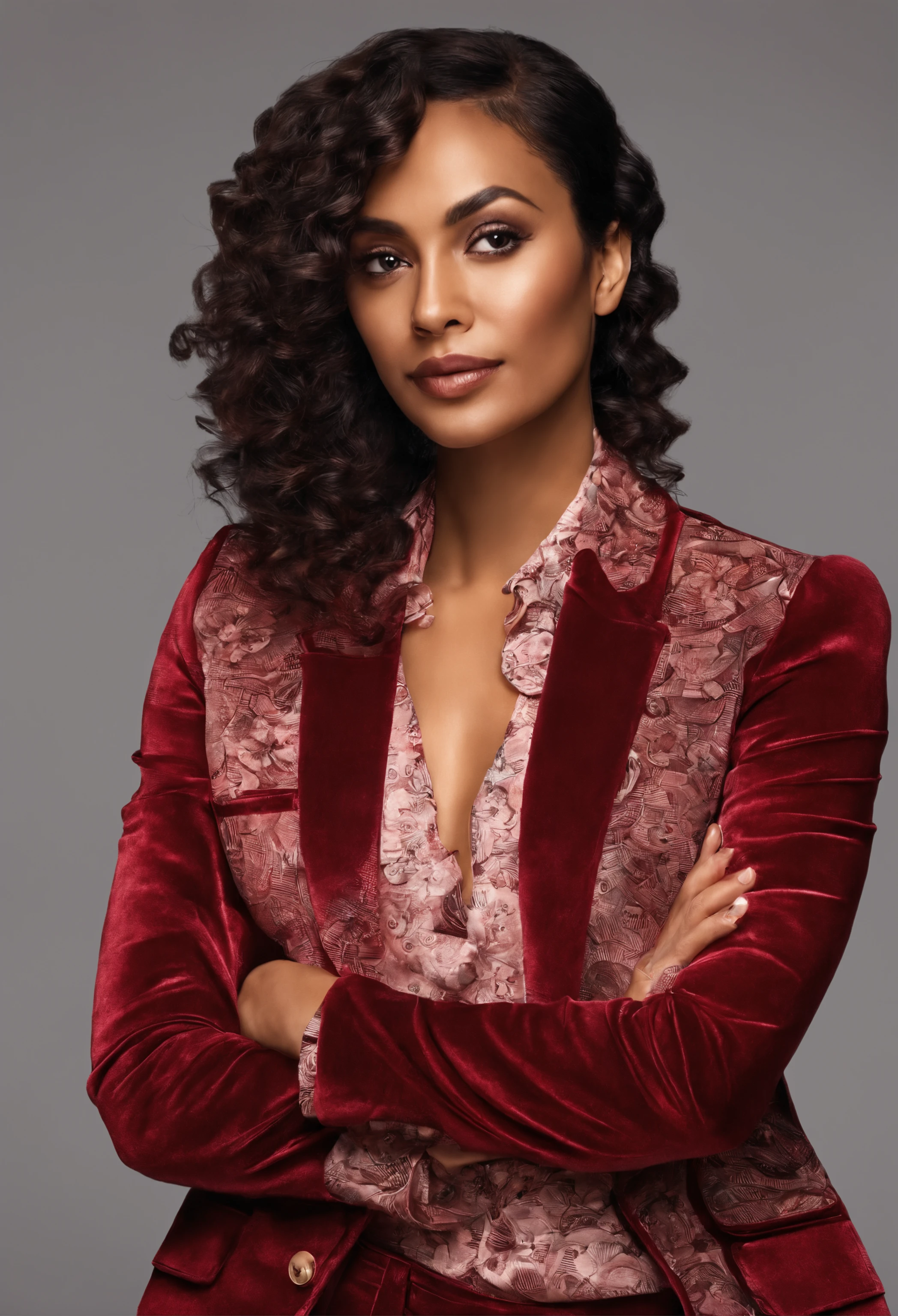 Portrait photo of a beautiful dark brown ethnic woman, with curly hair, 30 years old, wearing a red velvet blazer and pant suit, Cinematic photo