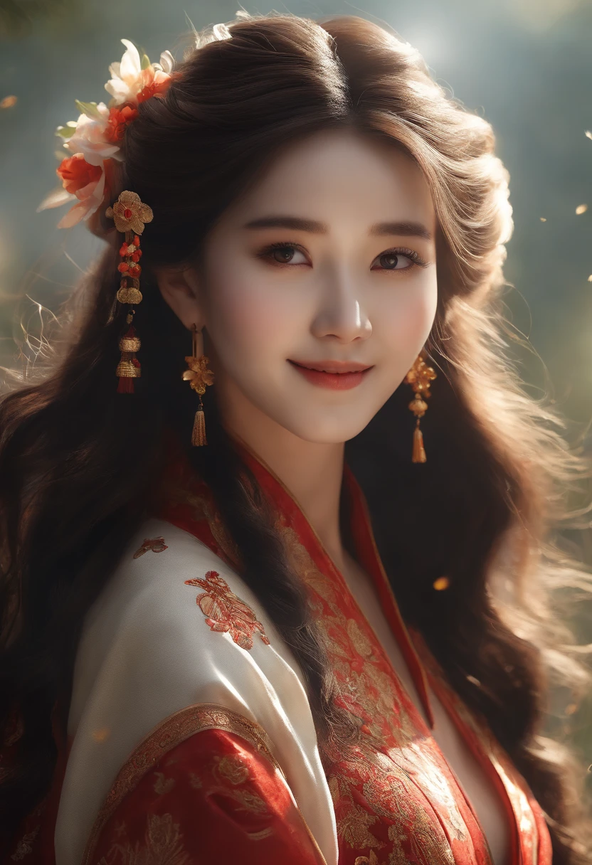 qualidade soberba, master part, high resolution, 1girl, corar, (sorriso sedutor: 0.8), pupila estrela, Chinese Hanfu, Hair accessories, colar, jewelries, beleza, em_corpo, Efeito Tyndall, Realistic, Quarto Sombra, borda de luz, Lighting in two tems, (pele de alto detalhe: 1.2), 8k UHD, SLR, luz suave, alta qualidade, Volume Lighting, candid photo, high resolution, 4k, 8k, desfoque de fundo, pessoa real