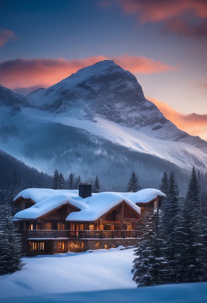 The beautiful scene of mountain with the snow on top and the house with snowing