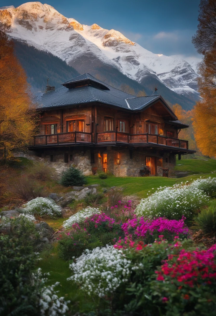 The beautiful scene of mountain with the snow on top and the house with snowing