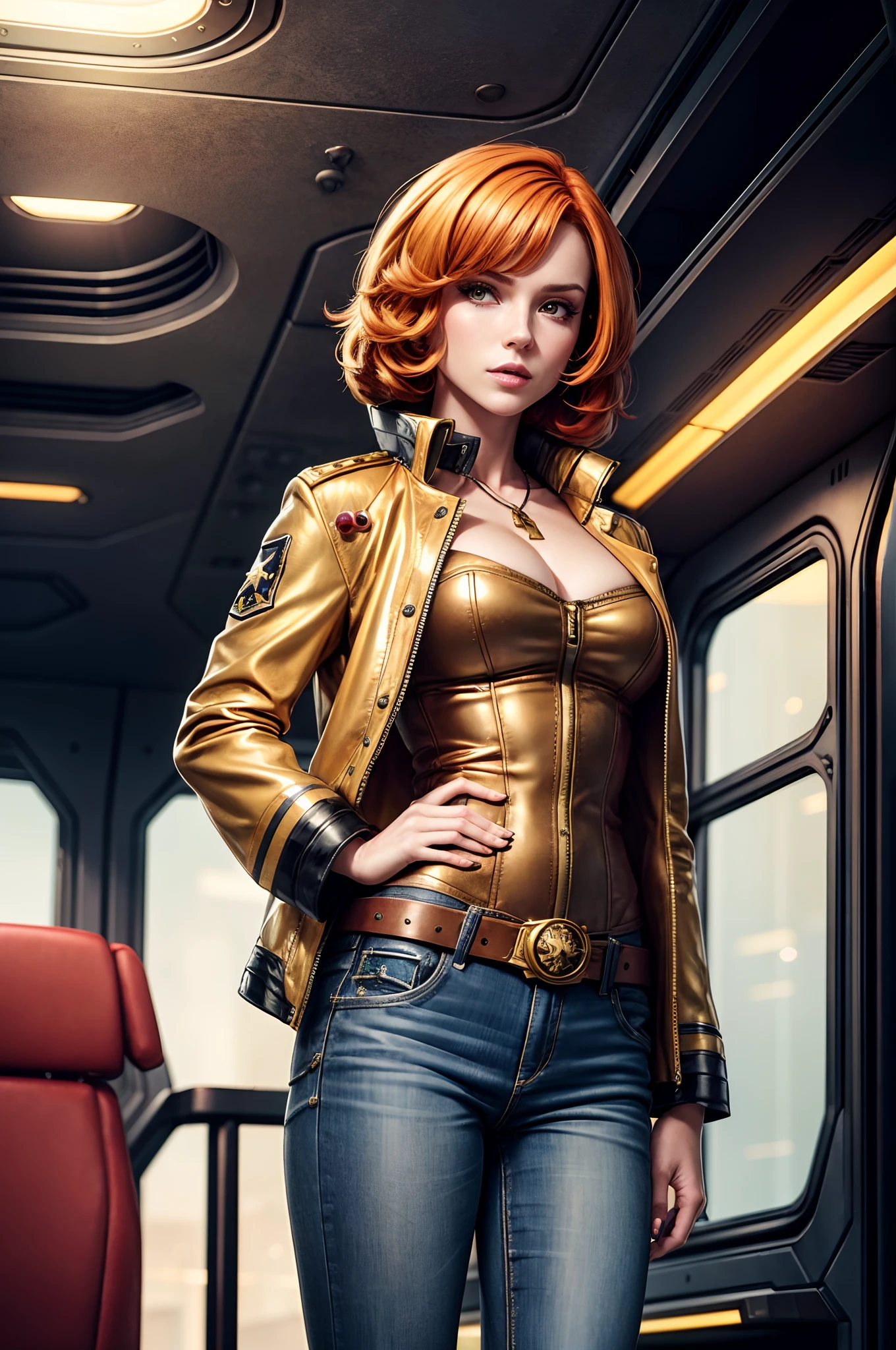 Classic Bob, golden red hair, beautiful woman, starship captain, short jacket, cowboy shot, flirty, military bearing, standing, pirate, on a starship bridge, leather