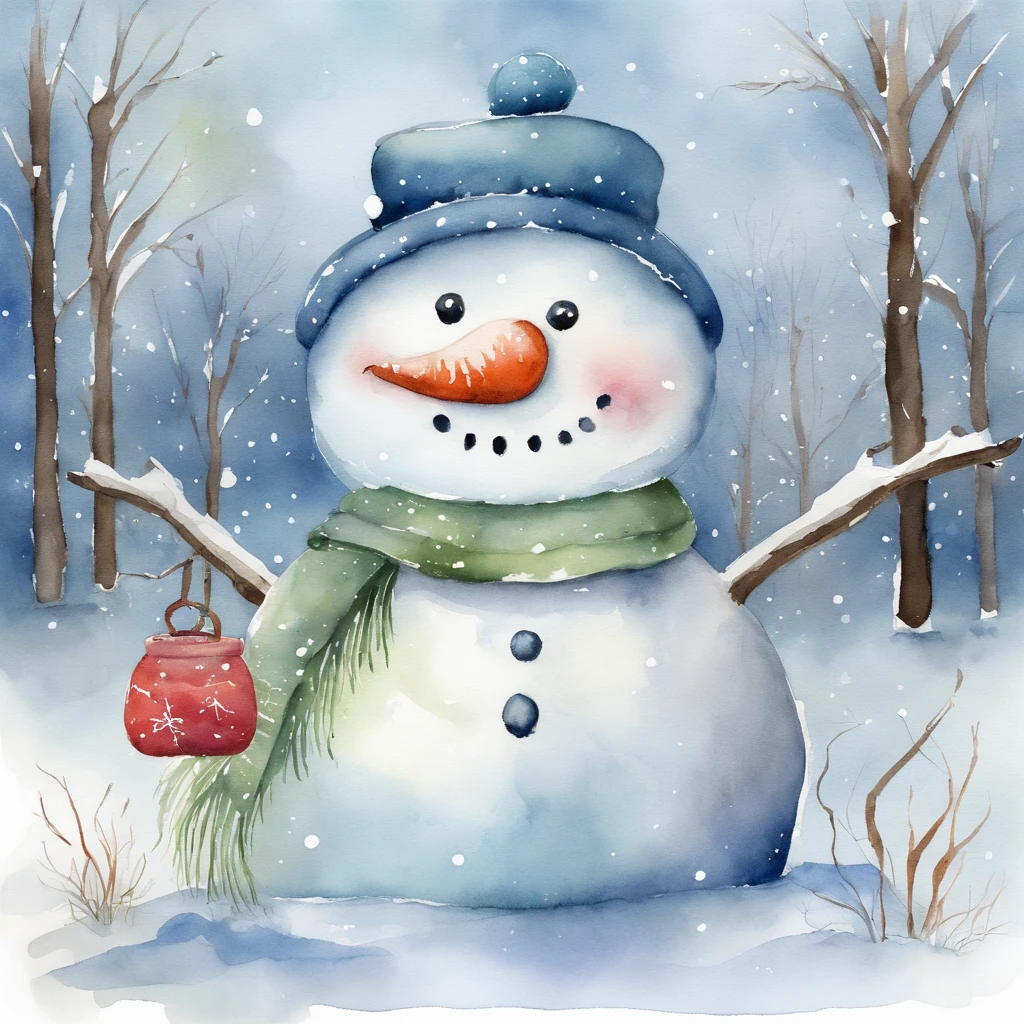 Watercolor winter illustration.Watercolor cute snowman