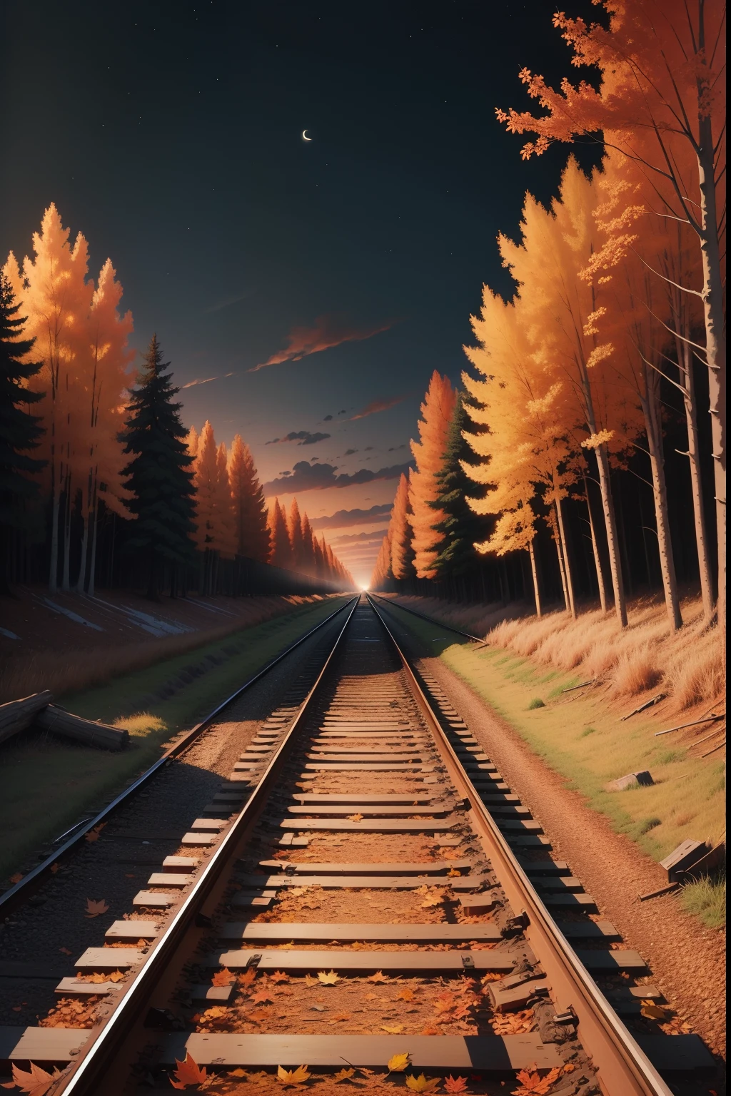 A painting of an autumn landscape, autumn trees and dead trees, dead leaves blowing, train tracks from left to right, evening light, dark sky.