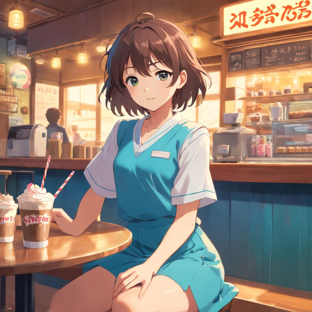 Sitting in a seat in an 80s-style Showa retro coffee shop、Seiko-chan Cut Girl Drinking Cream Soda。Clothes are retro blouses and skirts。