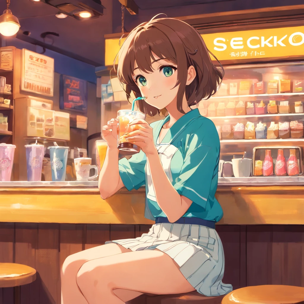 Sitting in a seat in an 80s-style Showa retro coffee shop、Seiko-chan cut girl drinking cream soda。Clothes are retro blouses and skirts。