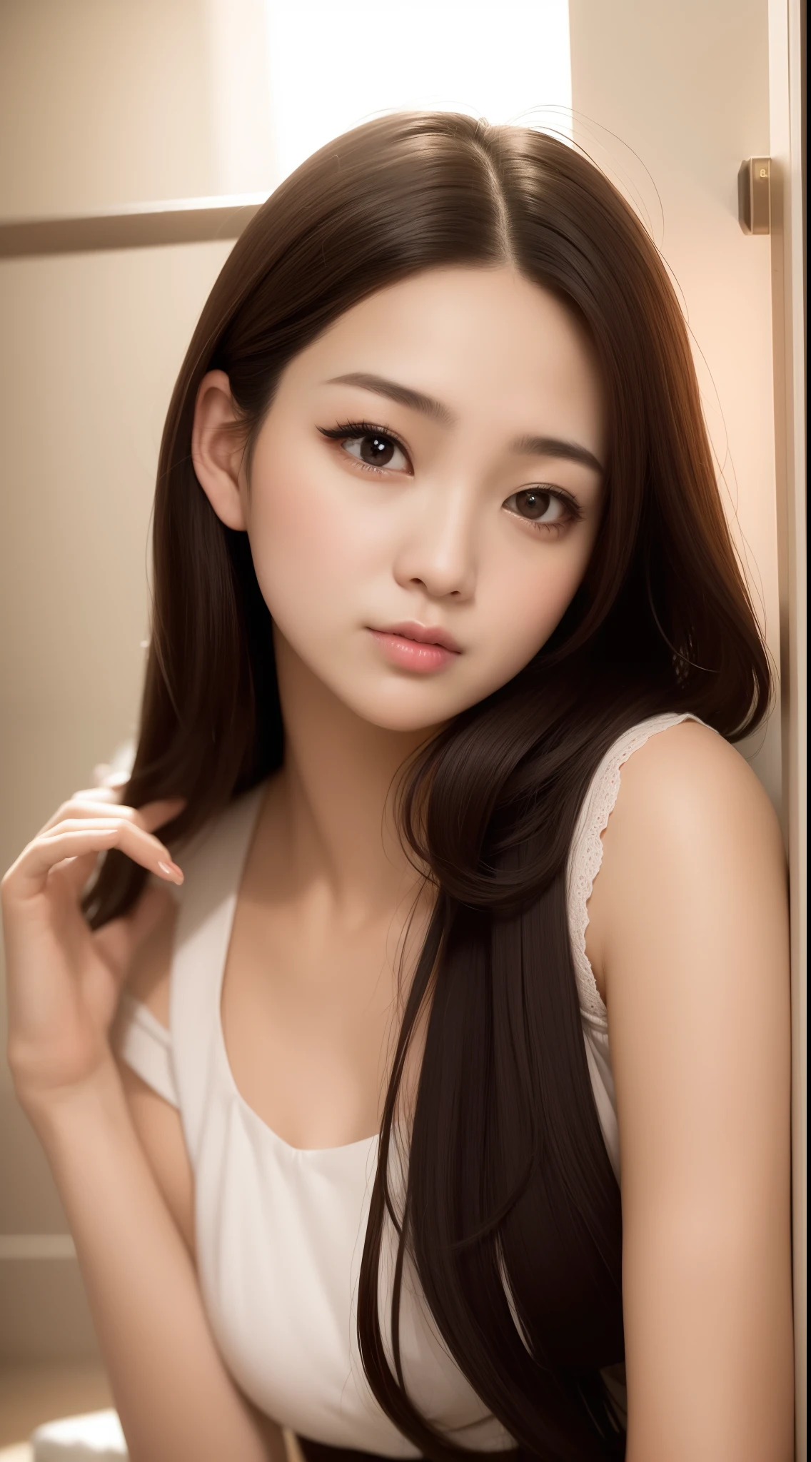 alafed asian woman，Long hair leaning against the wall, Gorgeous young Korean woman, Beautiful young Korean woman, young lovely Korean faces, beautiful Korean women, young cute wan asian face, portrait of female korean idol, Korean girl, beautiful Japanese girl face, cute korean actress, female actress from korea, Realistic young gravure idol, Photo taken with Sony A7R