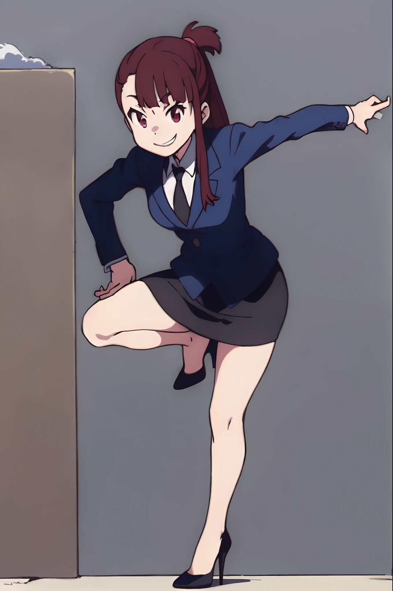akko, 1girl, solo, full_body, business_suit, blazer, pencil_skirt, high_heels, smile, artist_name, flat_color