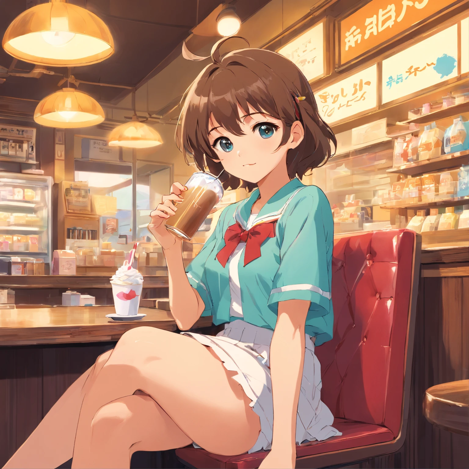 Sitting in a seat in an 80s-style Showa retro coffee shop、Seiko-chan cut girl drinking cream soda。Clothes are retro blouses and skirts。