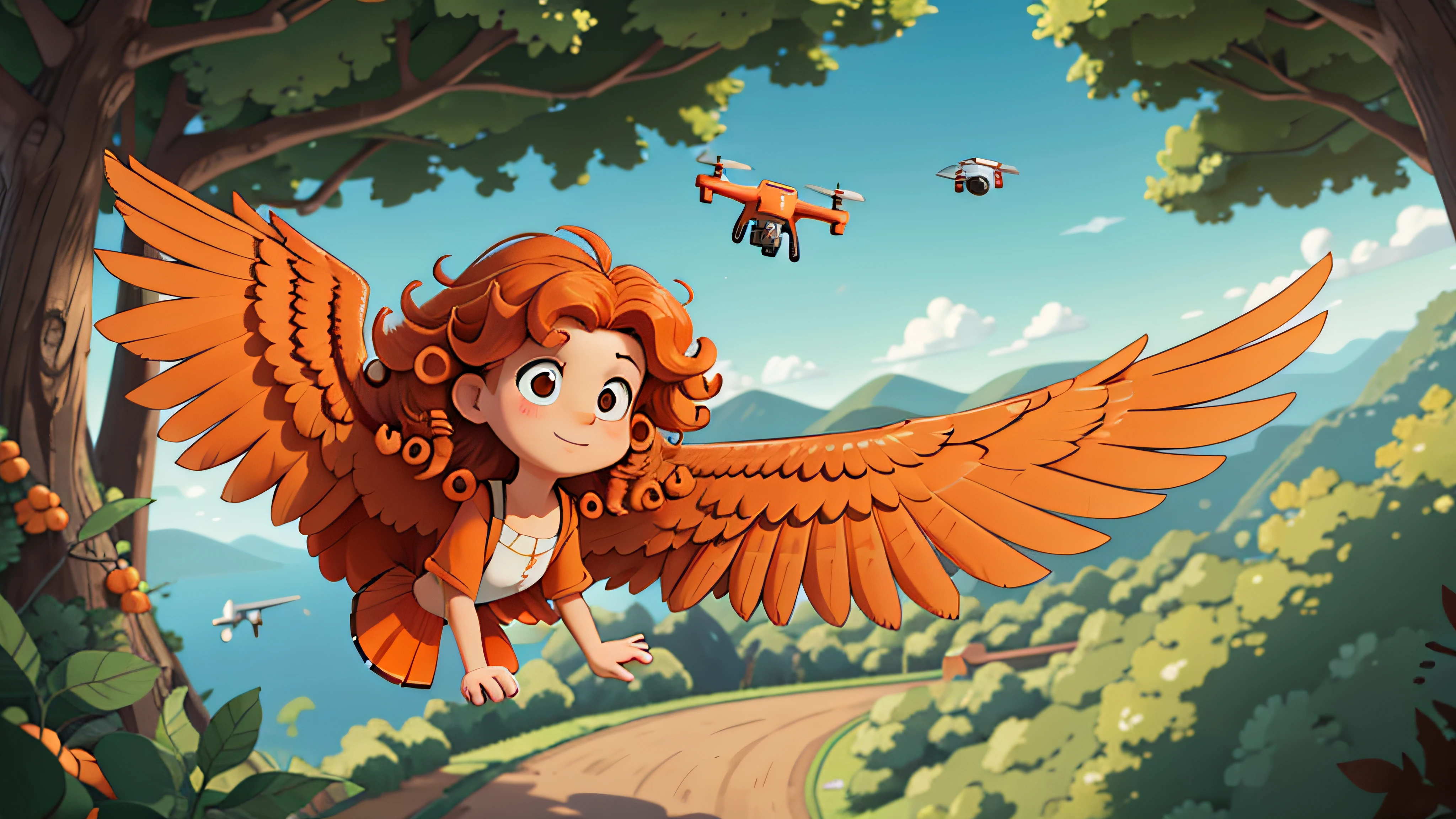 (curly-haired bird with orange hair:1.1), bird flying over the woods, ((perspective drone shot))