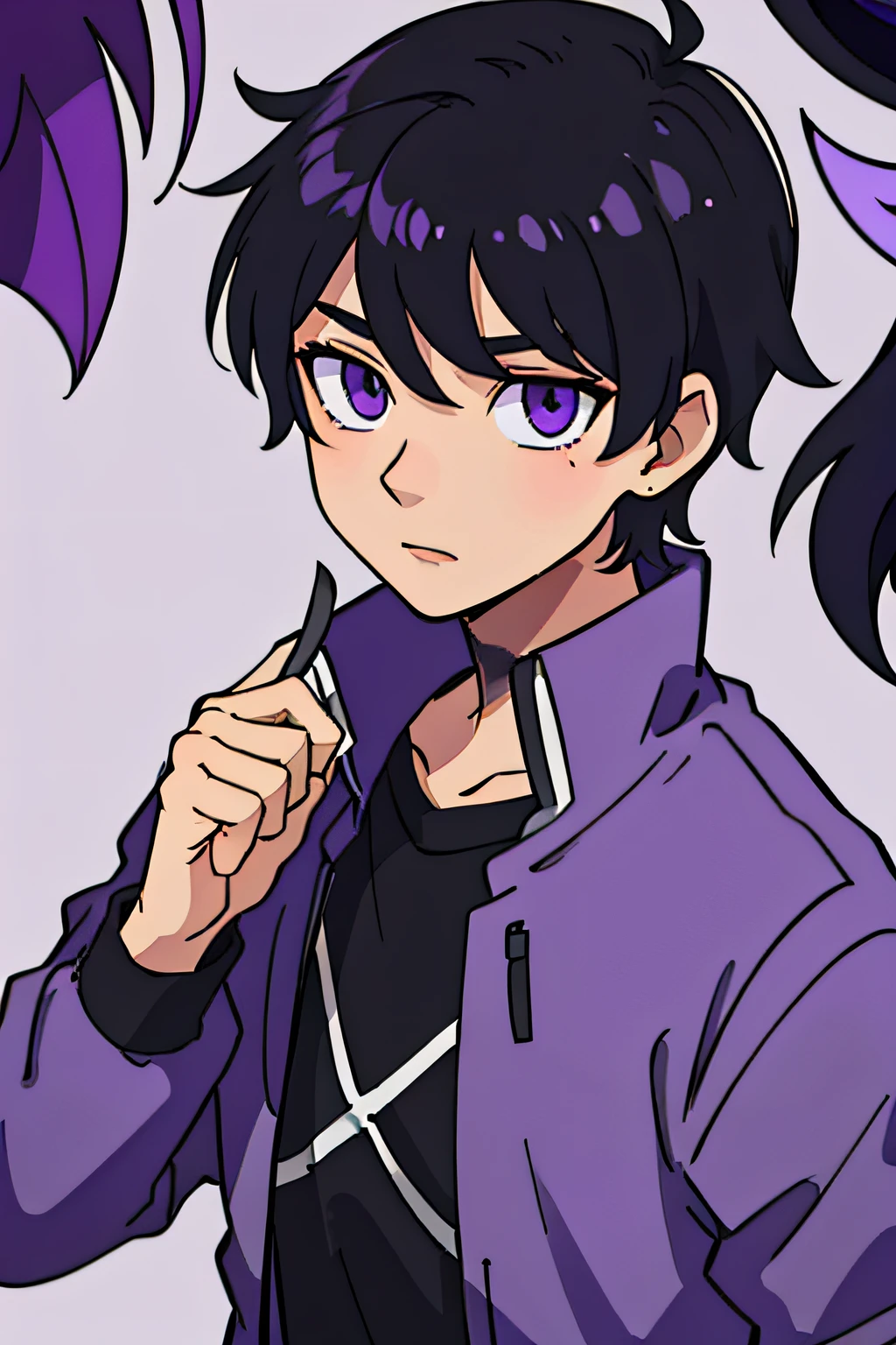 (Best quality), 1boys, Black hair, Pick dye purple, Purple eye