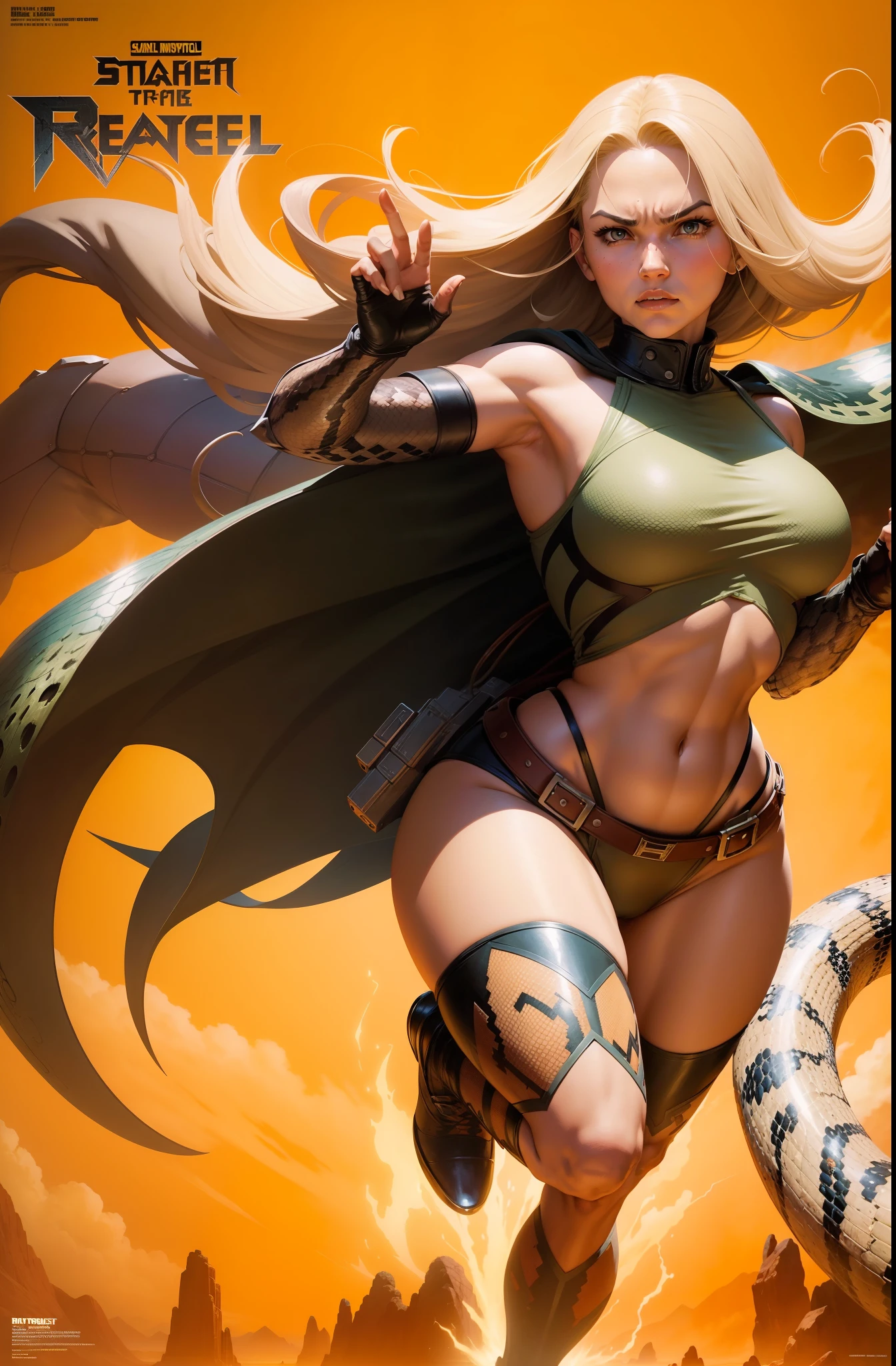 female superhero character, rattlesnake, strong sense of three-dimensional, by Hayao Miyazaki or Chesley Bonestell for the cover of Heavy Metal magazine