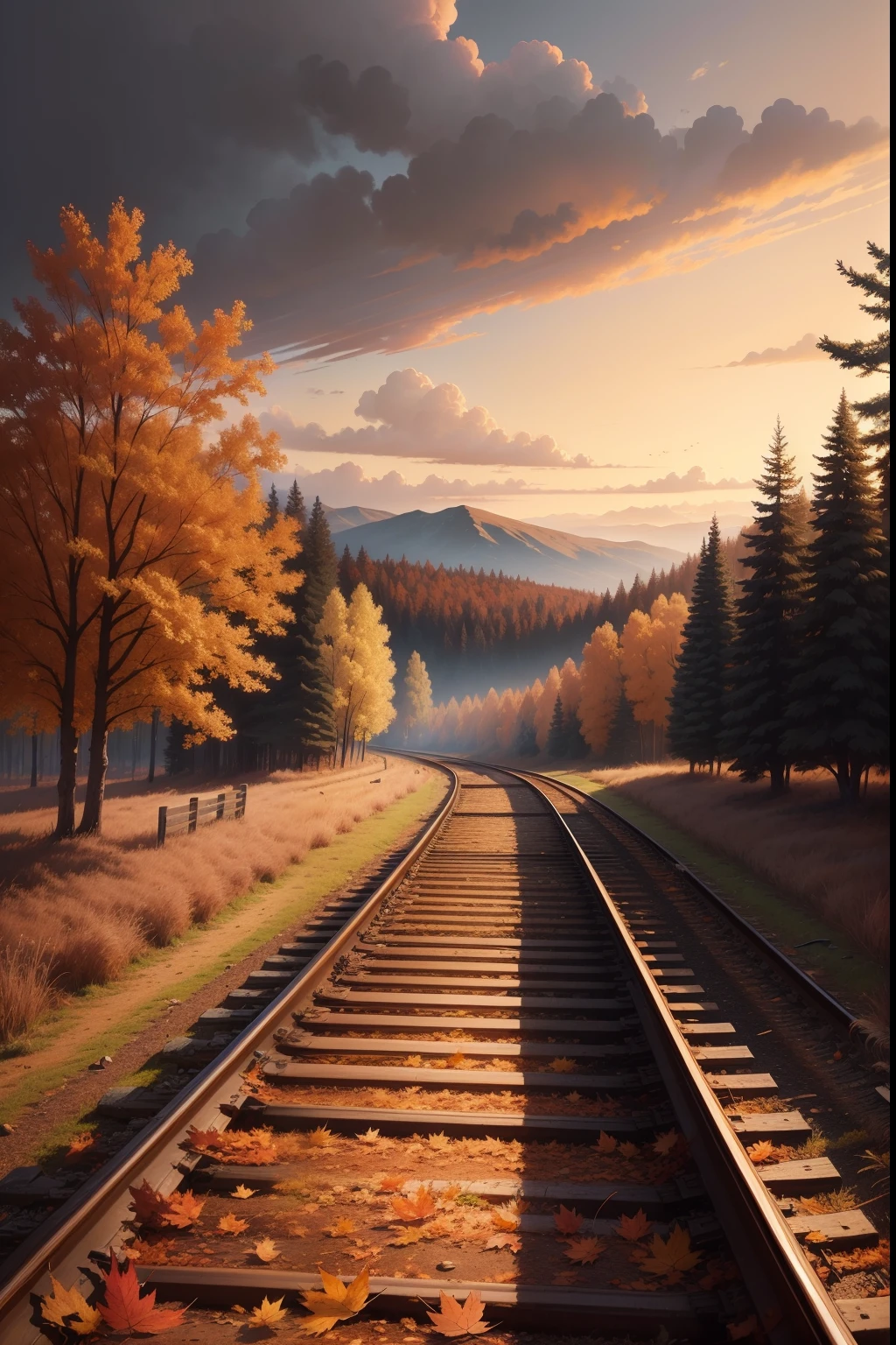 A painting of an autumn landscape, autumn trees and dead trees, dead leaves blowing, with train tracks, evening light, dark sky.