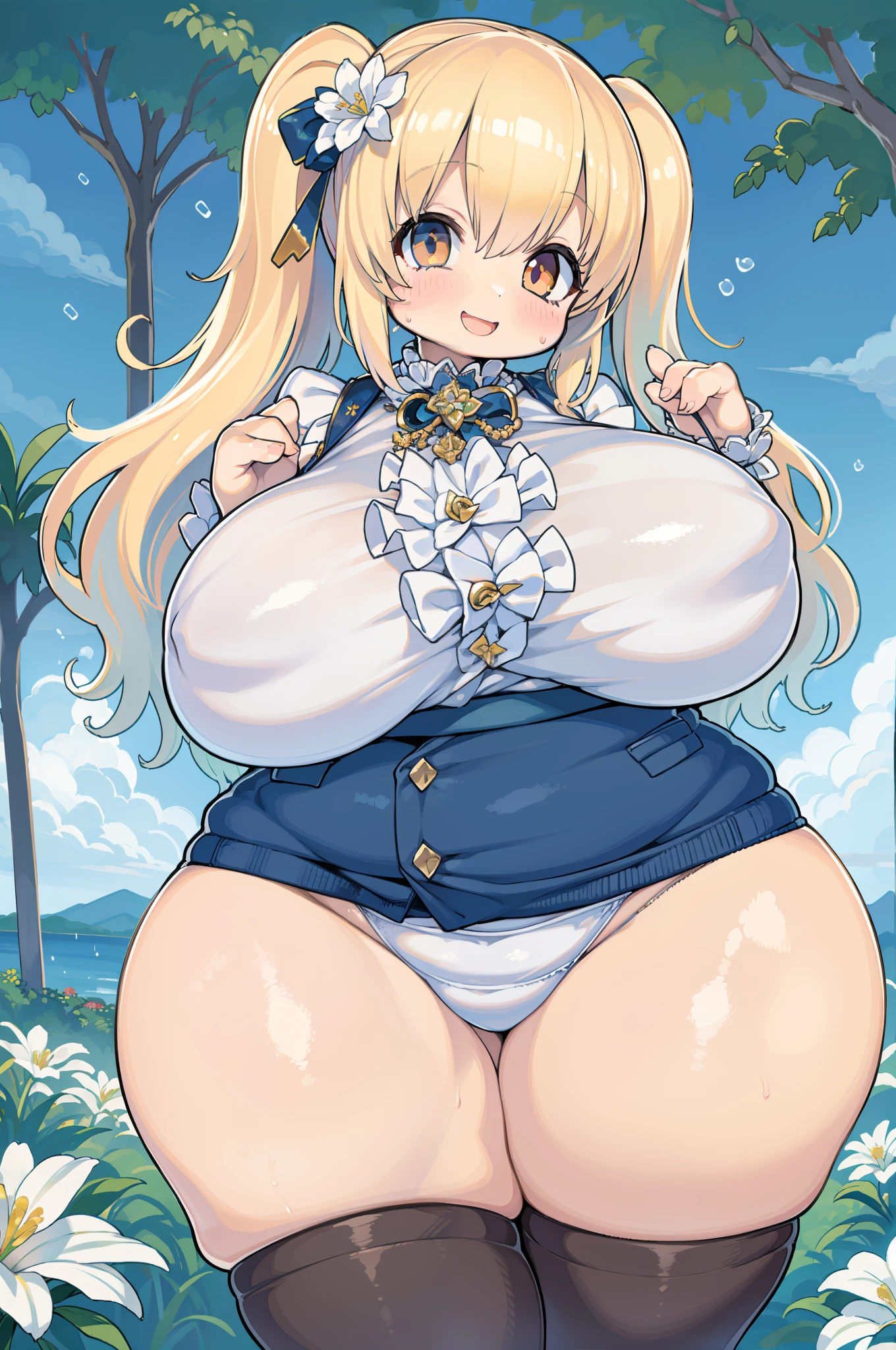 Flower Garden, Luxurious, Bright, glinting、Summer light、huge-breasted、thighs thighs thighs thighs、bbw、Showers、From the top、Overhead view、Hands up、huge smile、Chubby、Big buttocks
