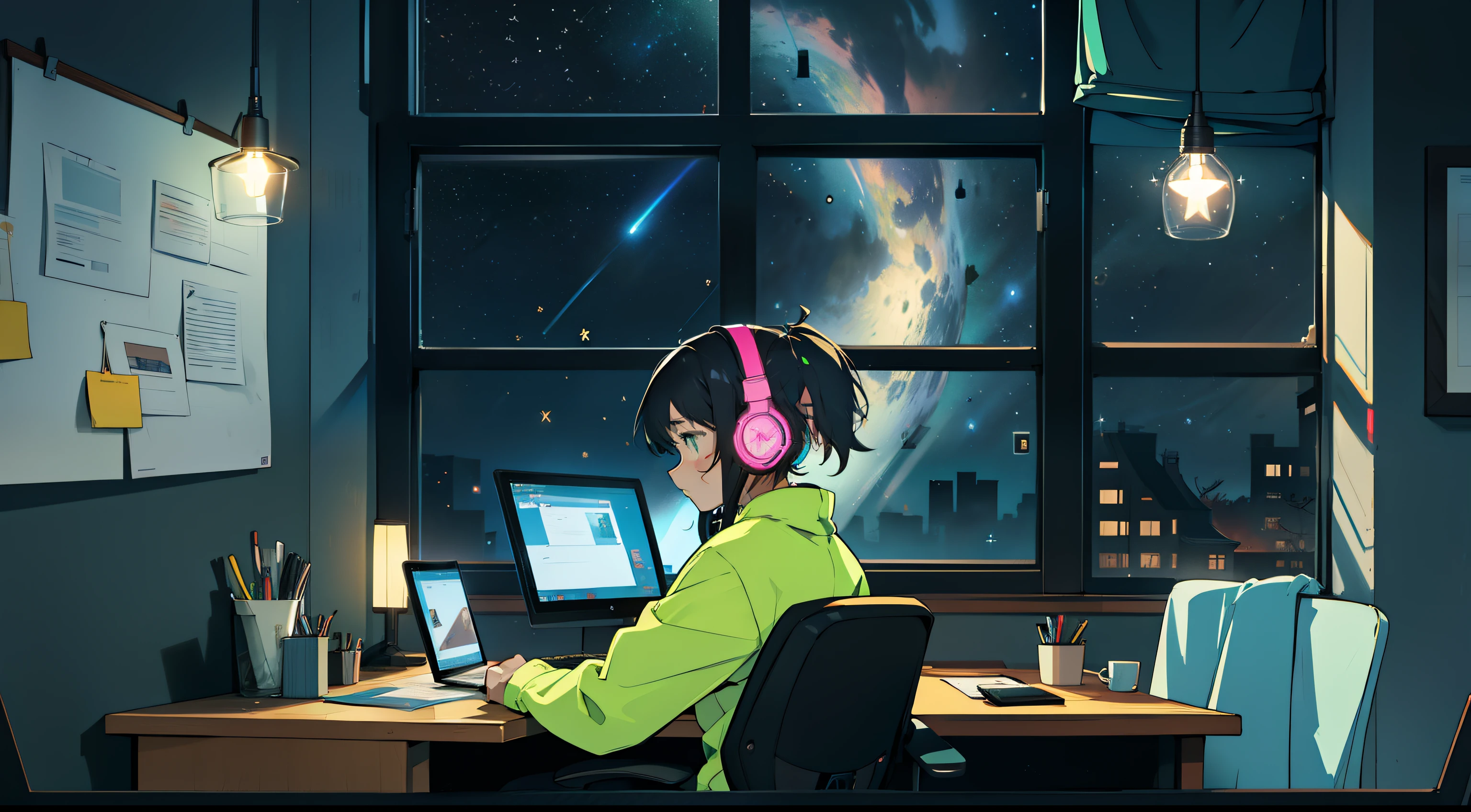 Woman living alone is studying at the left desk with headphones on、Neon and late at night、One woman is small on the far left、The stars are beautiful behind the window