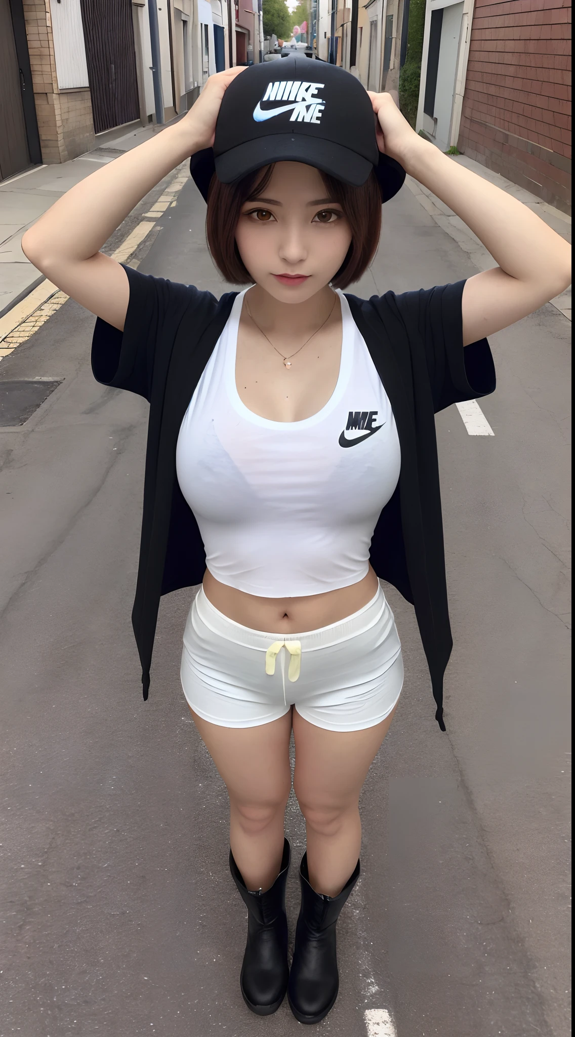 (8K, 超A high resolution, Best Quality, masutepiece:1.2),(18year old:1.2)、(Look away)、8K、RAW portrait of japanese girl、Photorealsitic、超A high resolution、top-quality、 (quite massive chest、cleavage of the breast:1.2)(White T-shirt、shortpants、Wearing a black jacket:1.4)、(in a street:1.2) BREAK (Natural Skin Texture、Detailed skin、Hyper-Realism、ultra sharpness)、intricate detailes、depth of fields、(Brown-haired short-haired、Short boots、Wearing a NIKE hat sideways:1.2)(arms in arms、Open your legs wide to the sides、Niō Standing:1.3)