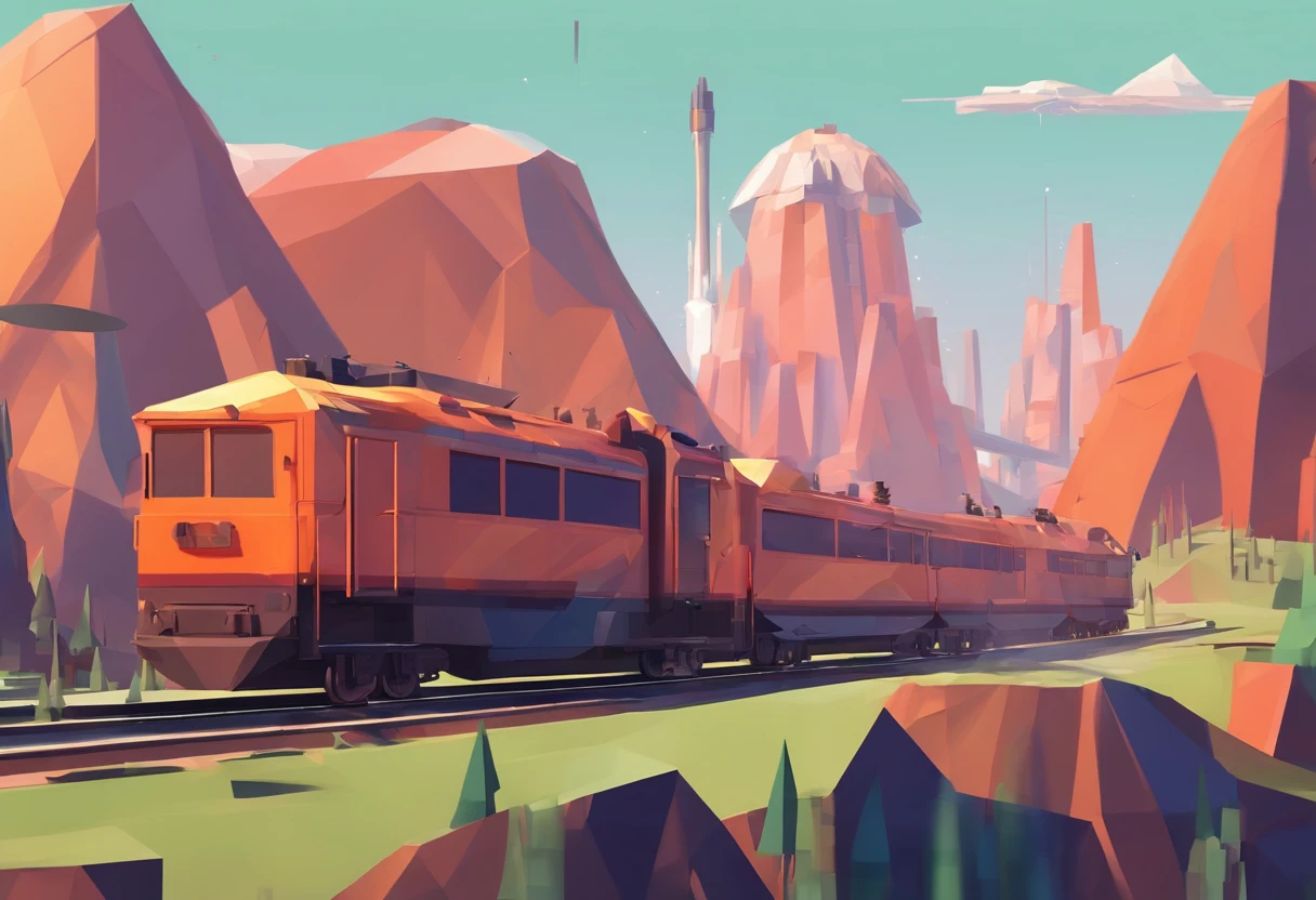 Burning train passing through a mountain while aliens invade the city in the background behind