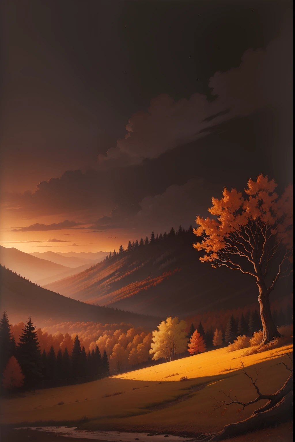 A painting of an autumn landscape, autumn trees and dead trees, vines around trees, evening light, dark sky.